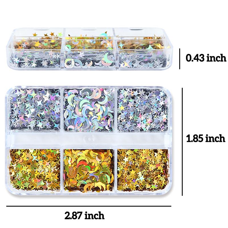 Dornail 6 Grids Nail Art Glitter Sequins Kit - Gold Silver Star Moon & 4-Pointed Stars 3D Nail Decorations for DIY Manicure | Shining Glitter Flakes for Nail Art, Party, Wedding & Salon Use