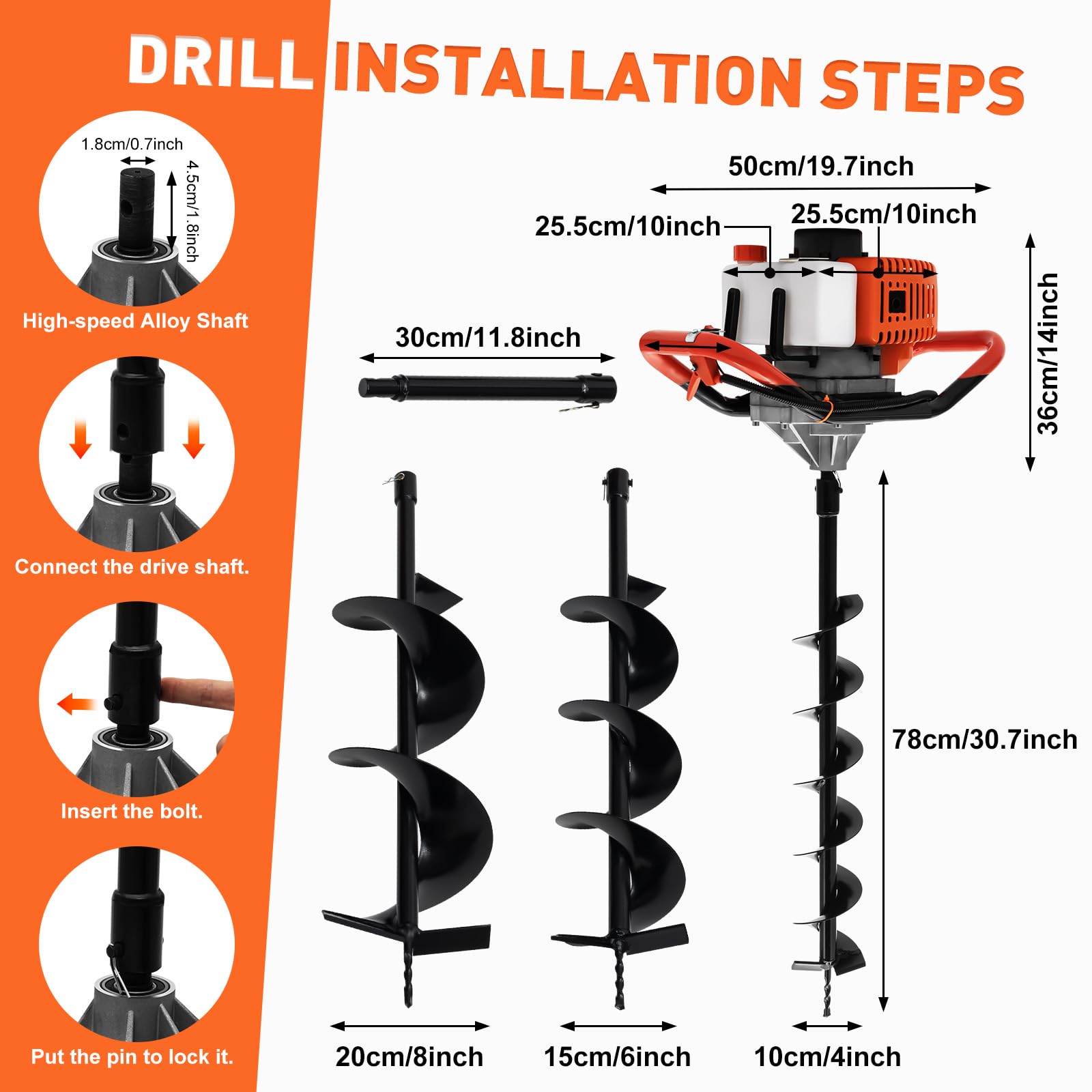 52CC Gas Post Hole Digger - 1.98HP 2-Stroke Engine with Air-Cooled Cylinder & 1.2L Fuel Tank - Includes 3 Drill Bits (4