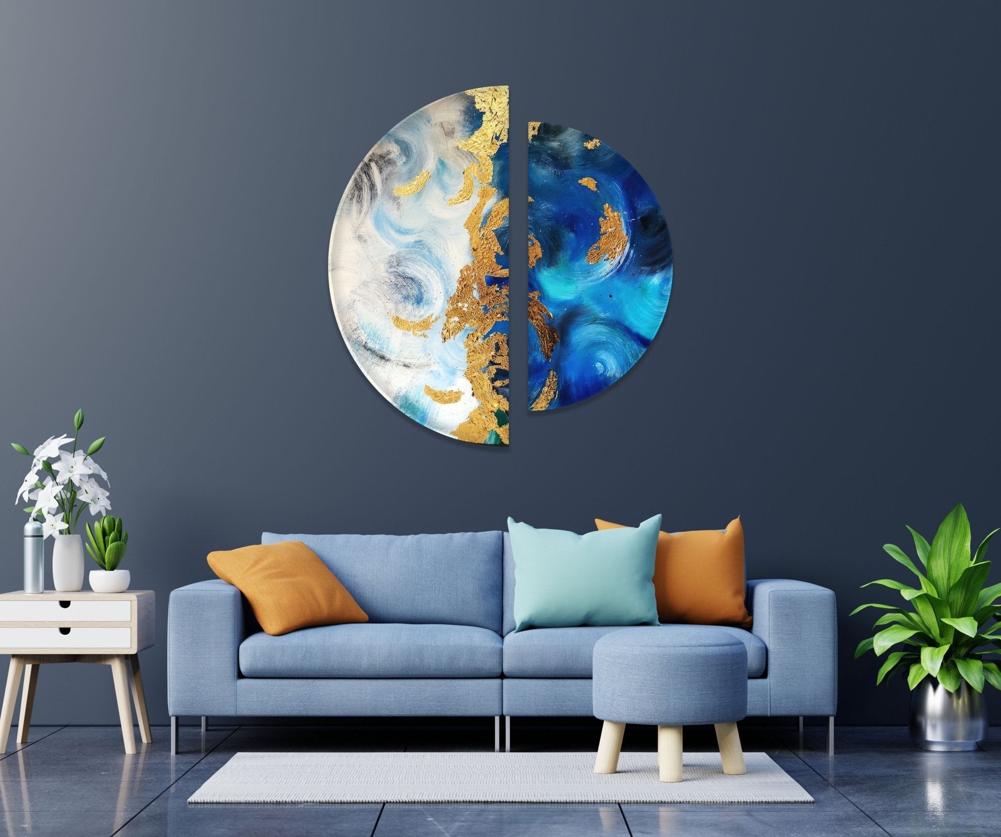 2 Piece Blue and Gold Abstract Glass Wall Art Set - Modern Home Decor for Living Room, Bedroom, or Office