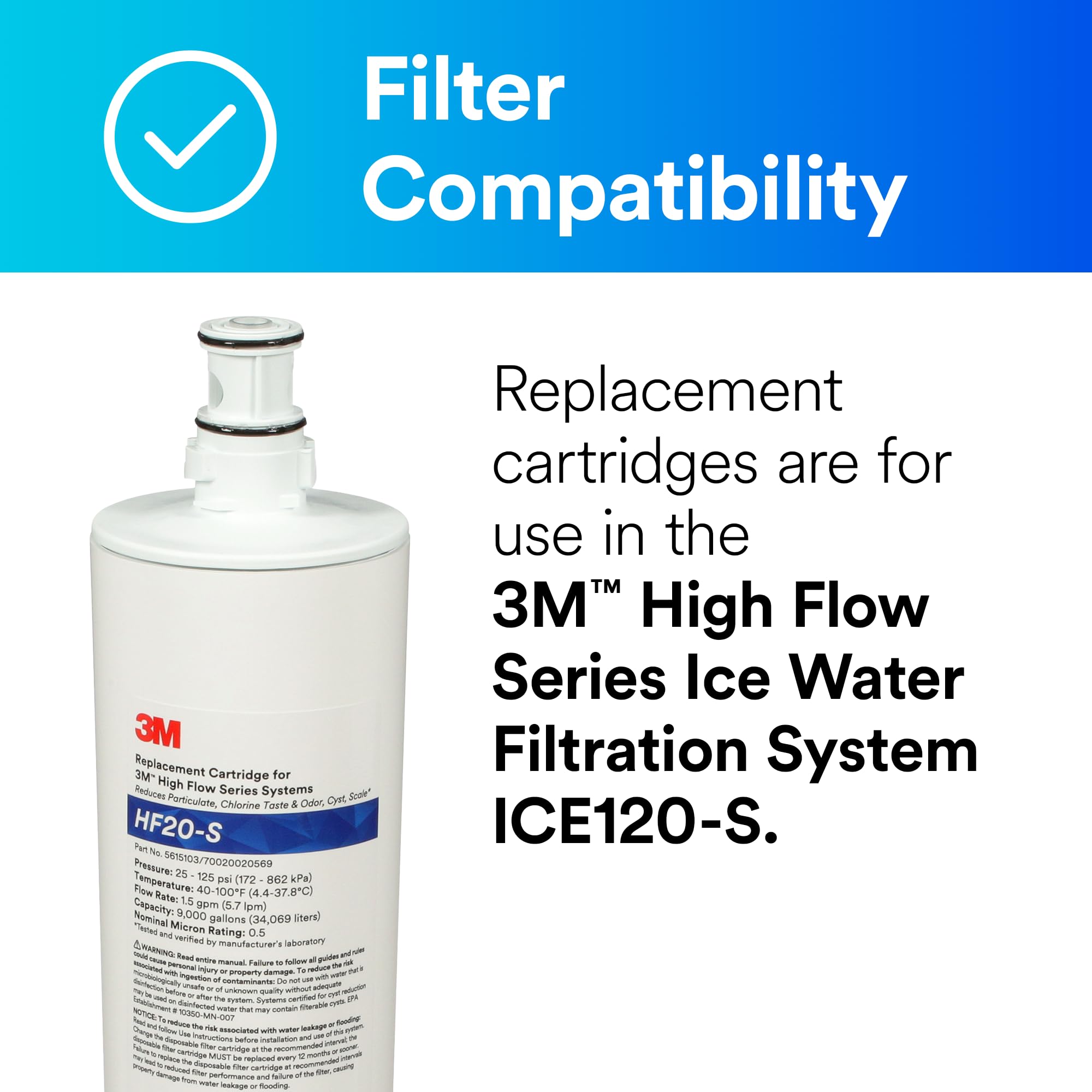 3M HF20-S High Flow Water Filtration Replacement Cartridge for Commercial Ice Maker Machines - Reduces Sediment, Microplastics, Chlorine Taste & Odor, Cysts - Scale Inhibitor - Compatible with ICE120-S Series - Perfect for Restaurants, Hotels & Food Service Businesses