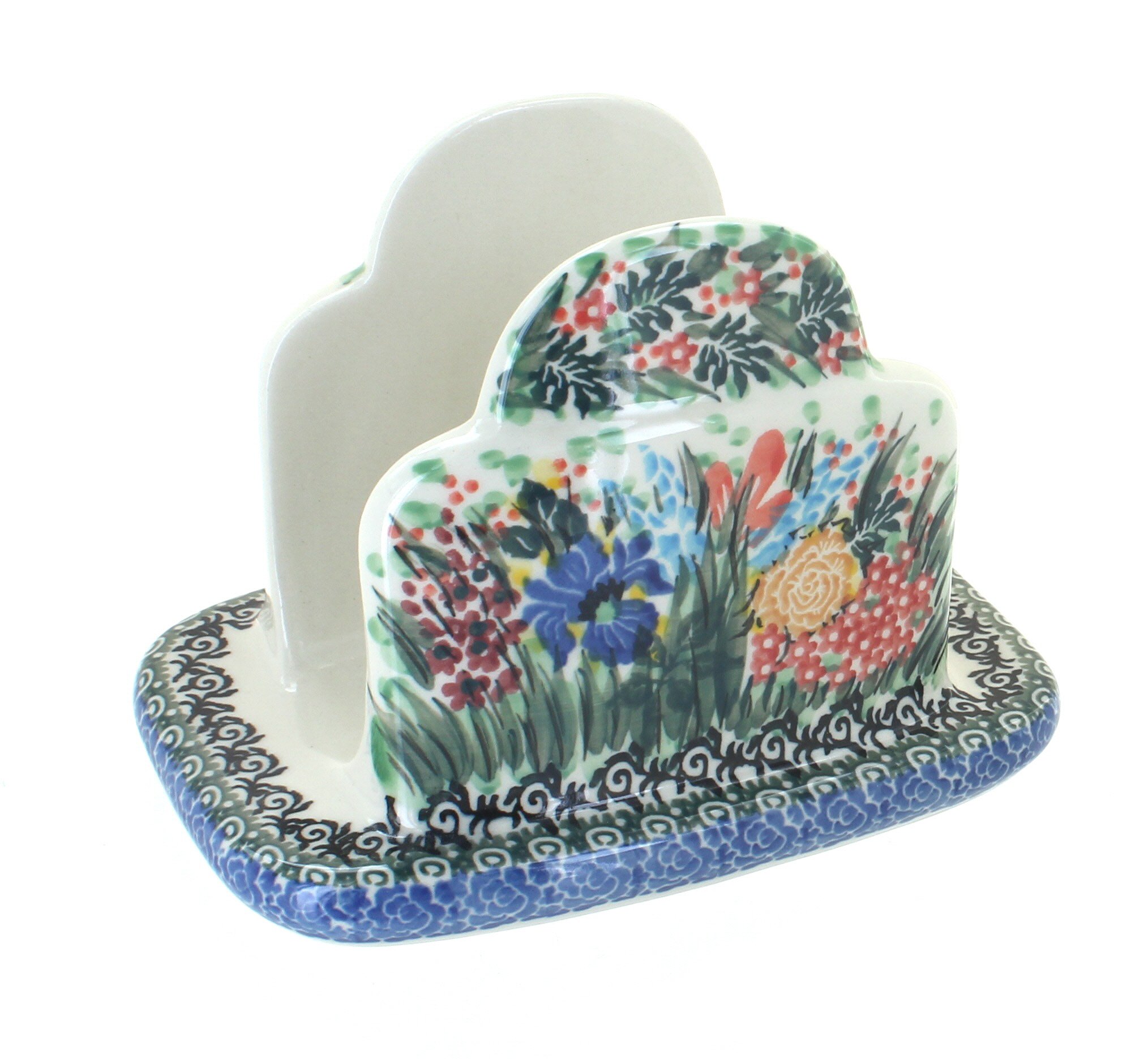Blue Rose Polish Pottery Napkin Holder - Handcrafted Floral Design for Summer Table Decor | Perfect for Dining Room, Kitchen, and Outdoor Picnic Settings