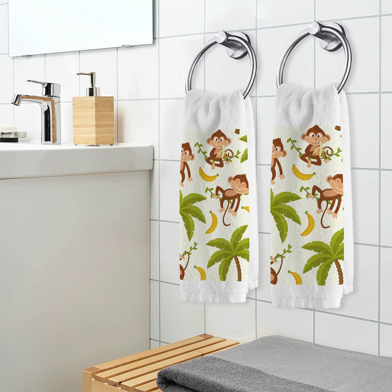 ALAZA 100% Cotton Hand Towel - Soft Monkey Palm Tree Banana Print Bath & Kitchen Towel for Face, Hair, Dish Drying | Perfect for Bathroom Decor, Kitchen Use & Tea Time