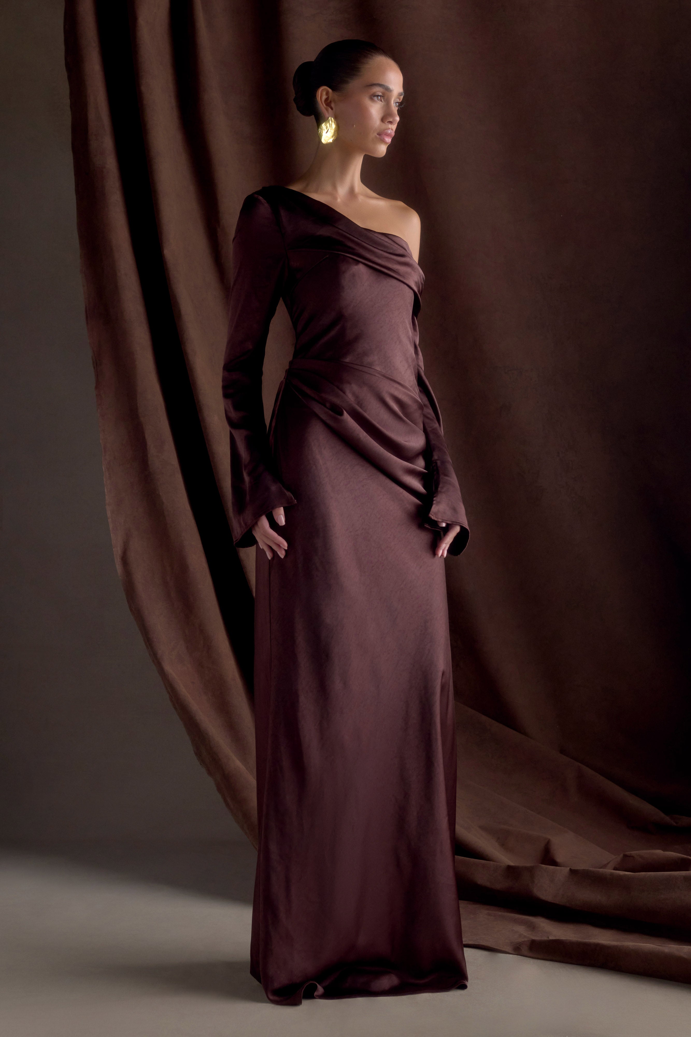 Elegant Iris Long Sleeve Satin Maxi Dress in Dark Chocolate - Perfect for Weddings, Evening Parties & Special Occasions
