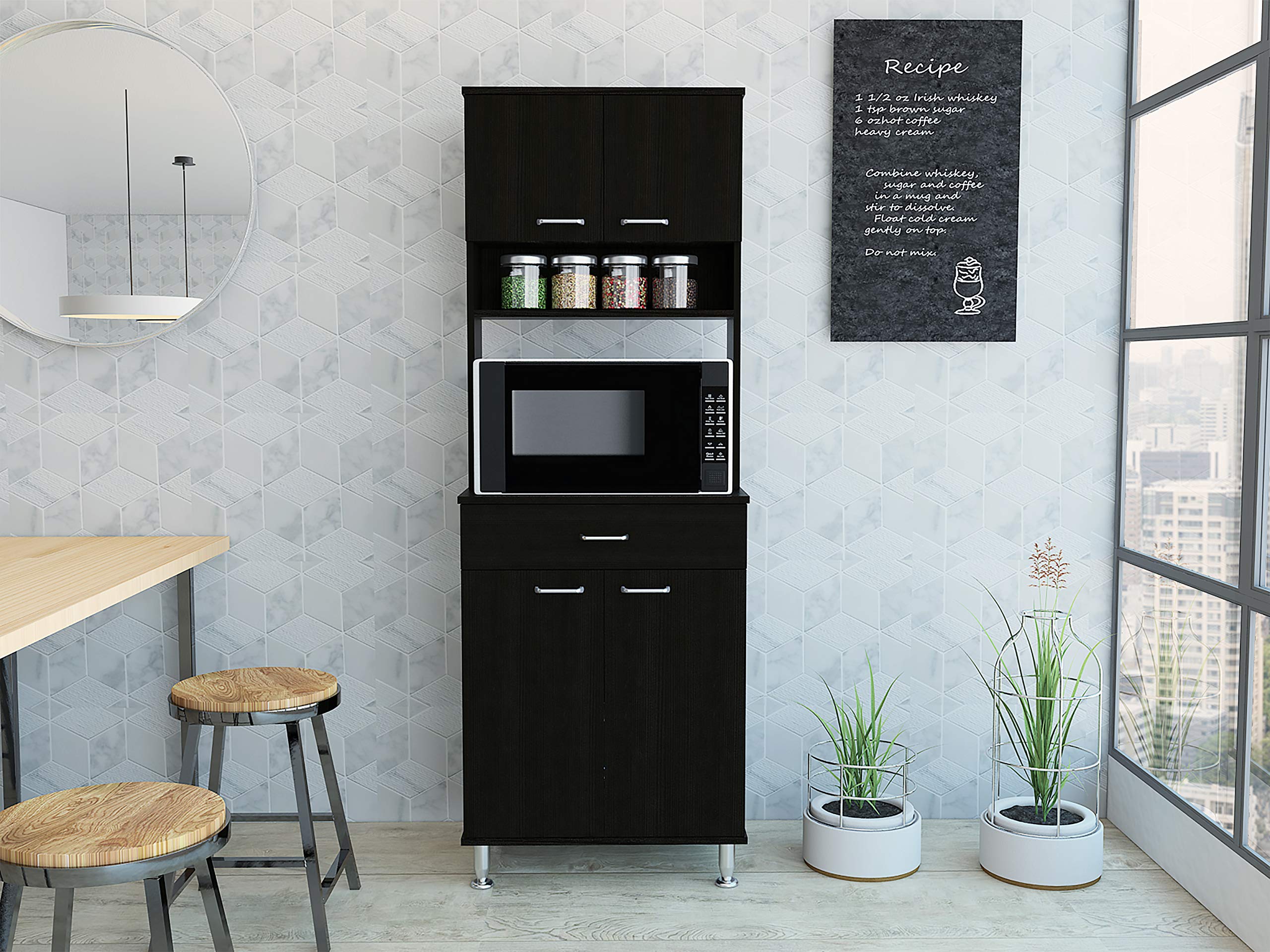 Bay Area Pantry with 2 Double Door Cabinets, Drawer & 2 Open Shelves - 4 Metal Legs, Black Wenge Finish for Kitchen Storage & Organization