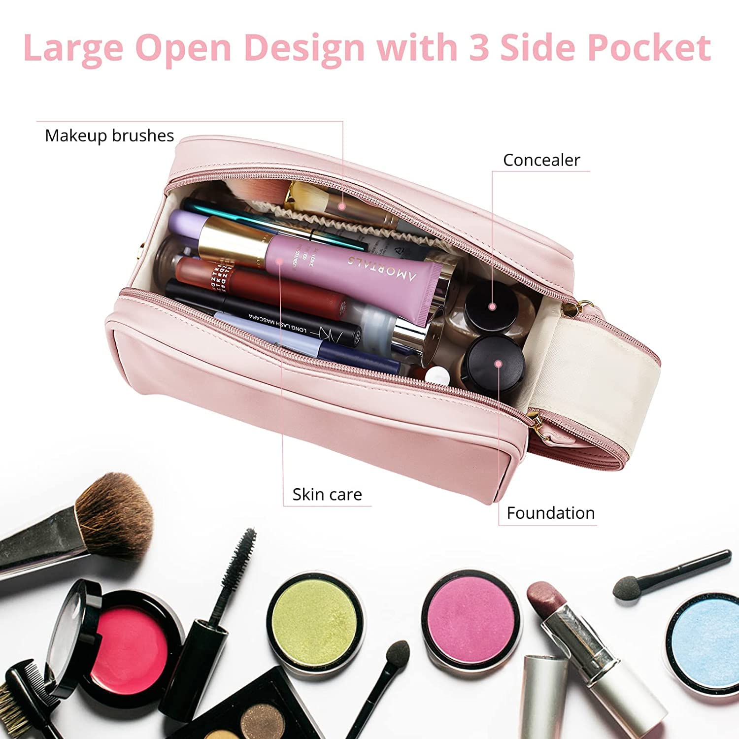 Deoxys Large Capacity Waterproof Leather Makeup Bag with Handle - Travel Cosmetic Organizer for Women & Girls - Perfect for Airplane Carry-on, Gym Essentials & Weekend Getaways