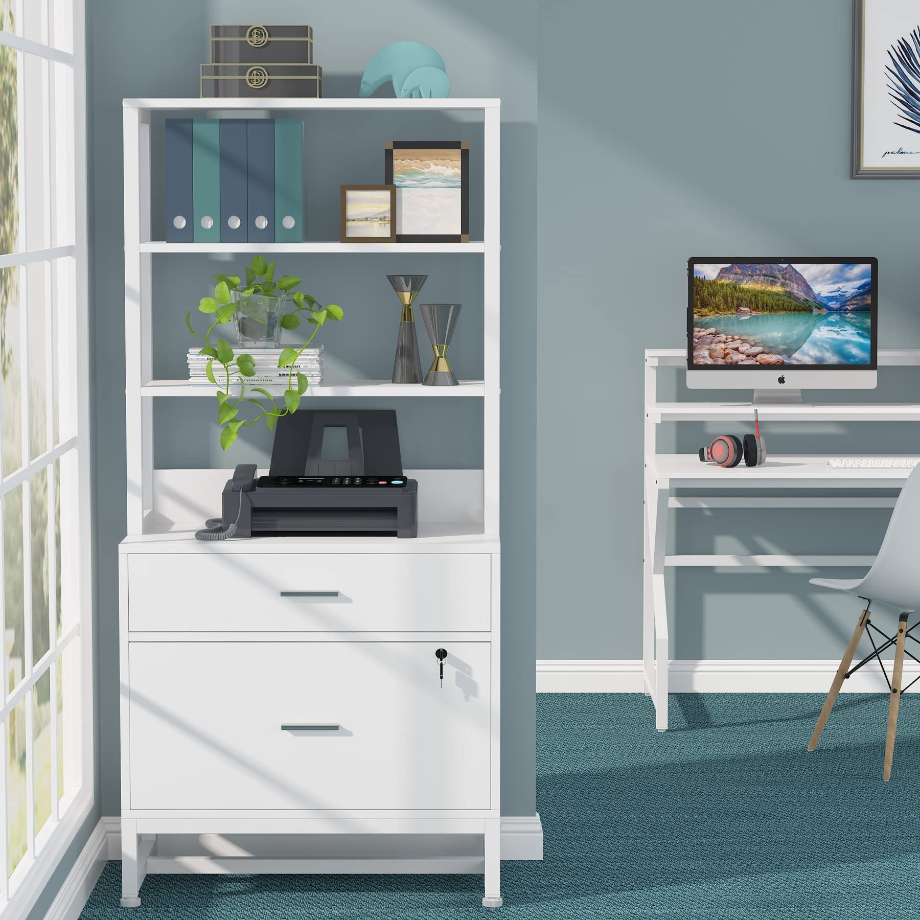Tribesigns 2-Drawer Lockable Lateral File Cabinet - Letter Size Modern Office Storage with Open Shelves for Printer & Supplies - White - Perfect for Home Office Organization & Workspace Storage Solutions