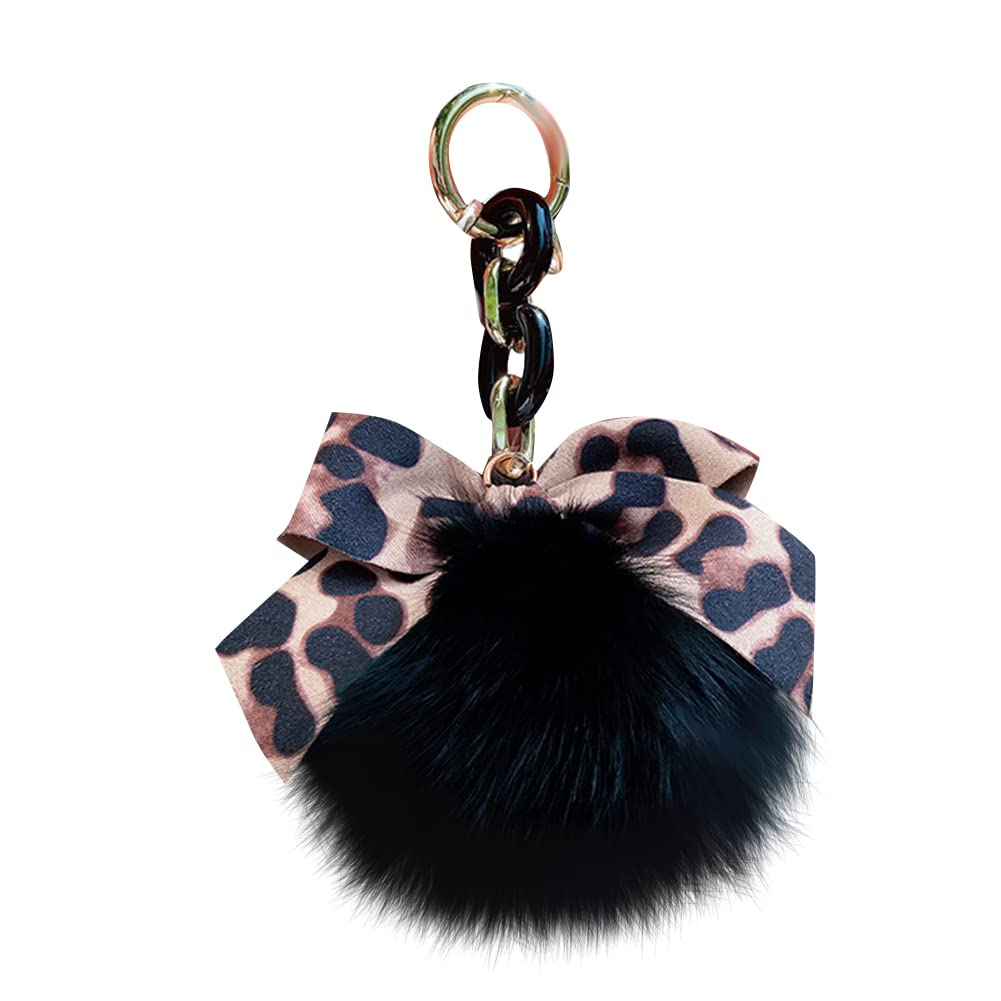 Zcargel Plush Keychain - Fluffy Faux Fur Pompom Keyring with Leopard Print & Bow Design - Cute Animal Keychain Charm for Women, Girls, Teens - Perfect for Backpacks, Purses, Gift Giving & Everyday Carry