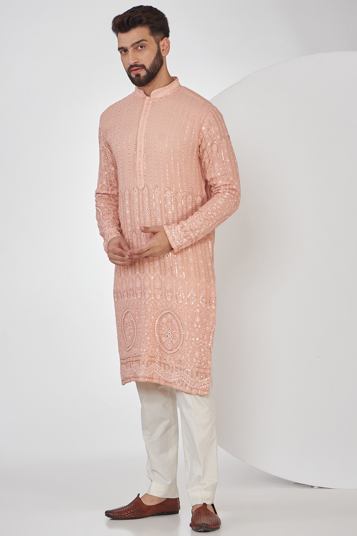 Exquisite Peach Chikankari Kurta with Intricate Border Embroidery - Elegant Indian Traditional Wear for Festivals, Weddings & Special Occasions