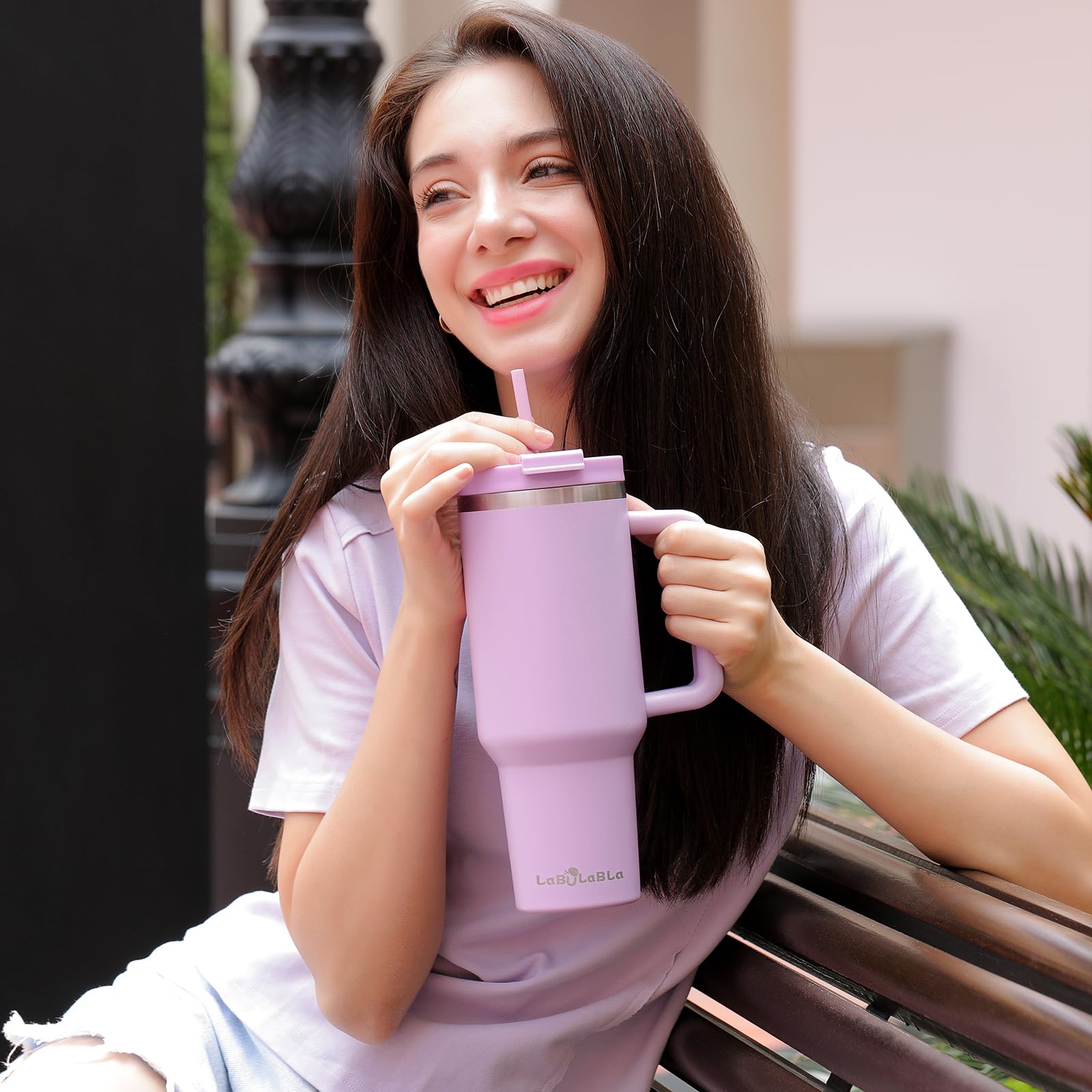 40oz Stainless Steel Tumbler with Handle - Double Wall Vacuum Insulated Water Bottle, Leak Proof Lid & Straw for Iced/Cold Drinks - Keeps Beverages Hot or Cold for Hours - Perfect for Gym, Office, Travel & Outdoor Activities (Lavender Purple)