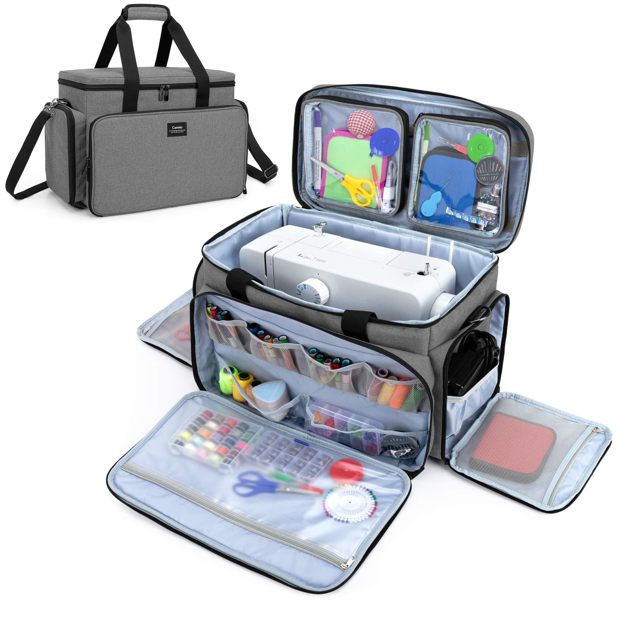 CURMIO Universal Sewing Machine Carrying Case - Travel Tote Bag with 2 Removable Transparent Zipper Pouches for Sewing Supplies, Fits Most Standard Sewing Machines (Gray, Patented Design) - Perfect for Home Use, Travel & Sewing Classes