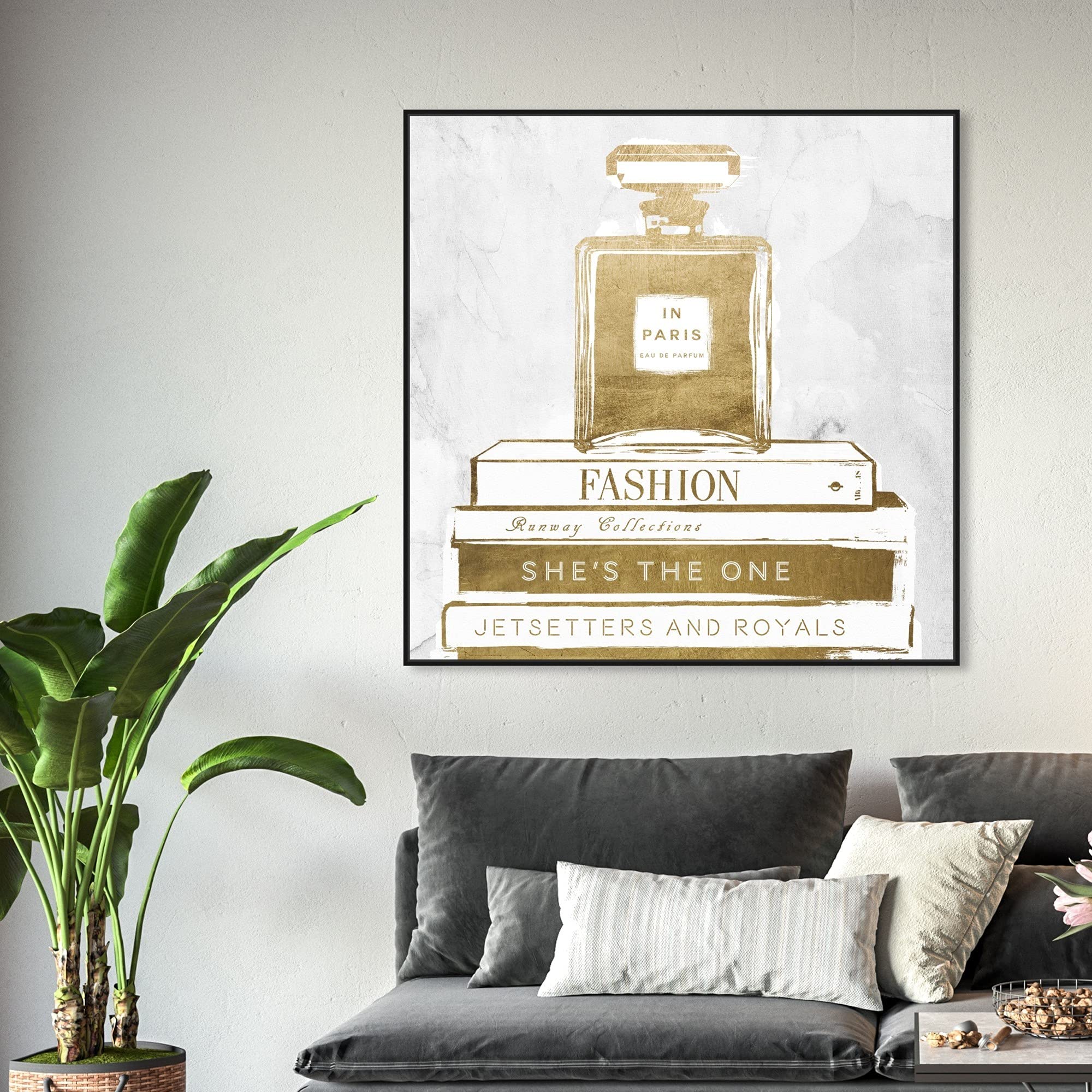 Oliver Gal Artist Co. Fashion & Glam Wall Art Canvas Print - Perfume & Books Gold Home Decor - 40x40 Inch Black Framed Artwork for Living Room, Bedroom & Office Decor