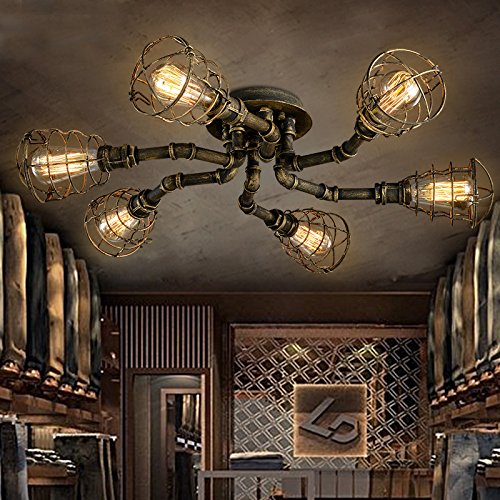 Vintage Industrial Flush Mount Ceiling Light - 6-Light Cage Pipe Pendant Lamp with Retro Iron Metal Design & Edison Bulbs | Perfect for Dining Room, Restaurant, Cafe, Bar and Loft Decor