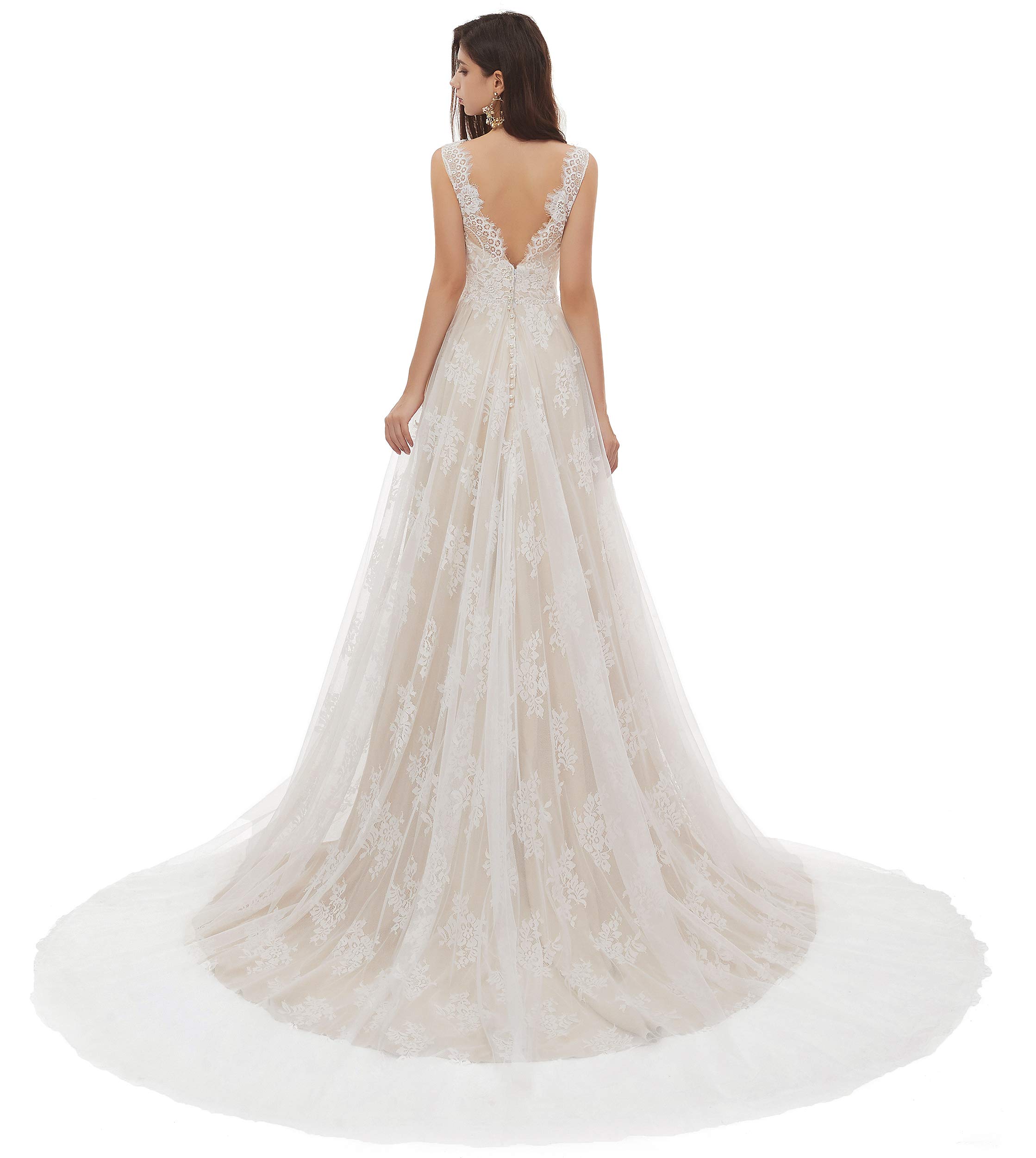 Elegant V-Neck A-Line Lace Tulle Beach Wedding Dress for Women - Perfect for Bridal Ceremonies, Beach Weddings, and Romantic Photoshoots