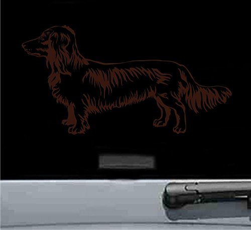JS Artworks Long Haired Dachshund Vinyl Decal Sticker - Waterproof, Durable, Chocolate Brown - Perfect for Laptops, Cars, Windows & DIY Crafts