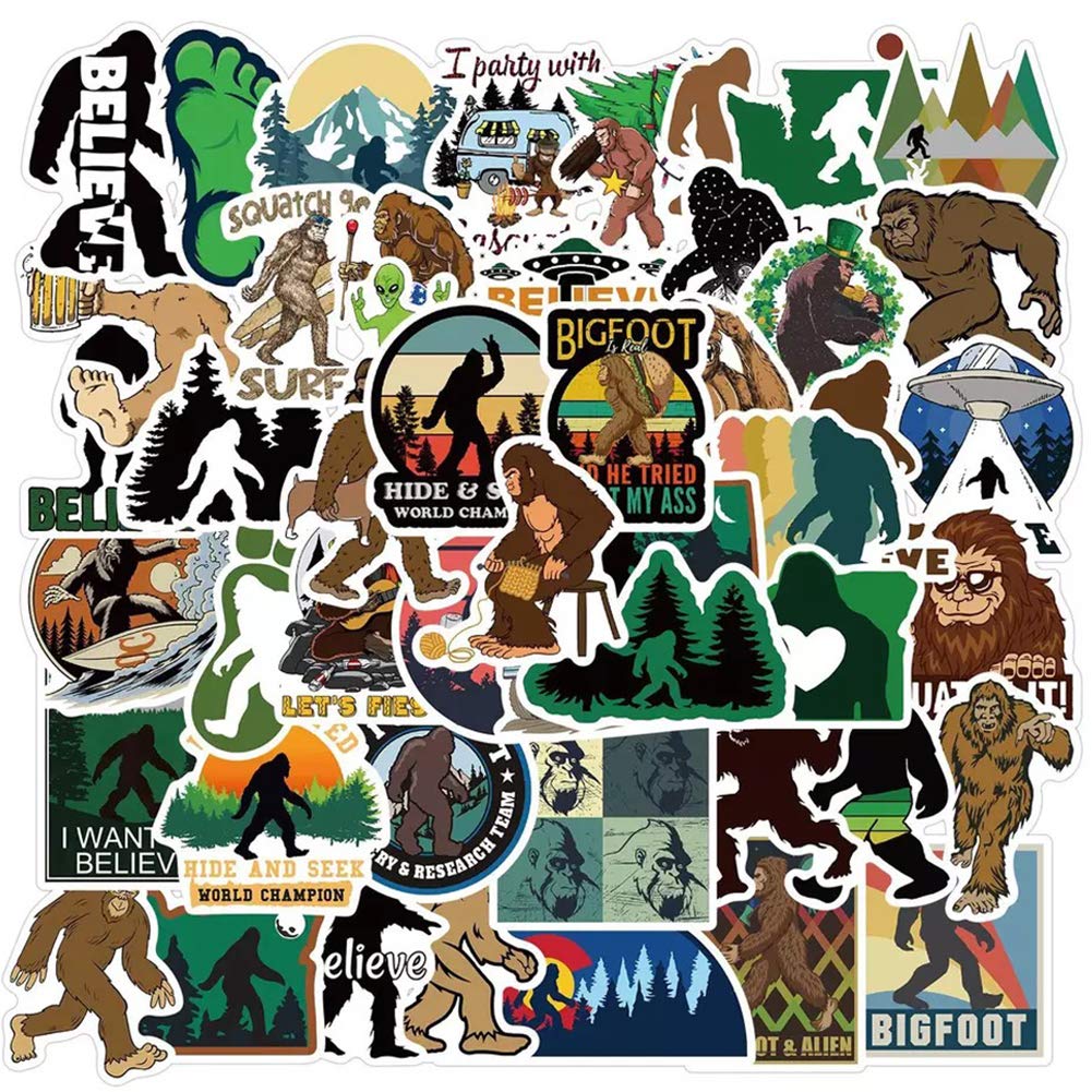 50 Pcs Waterproof Bigfoot Stickers | Durable Vinyl Decals for Water Bottles, Laptops, Refrigerators, Luggage, Phones & Skateboards - Perfect for Outdoor Adventures, Camping & Travel Gear Customization