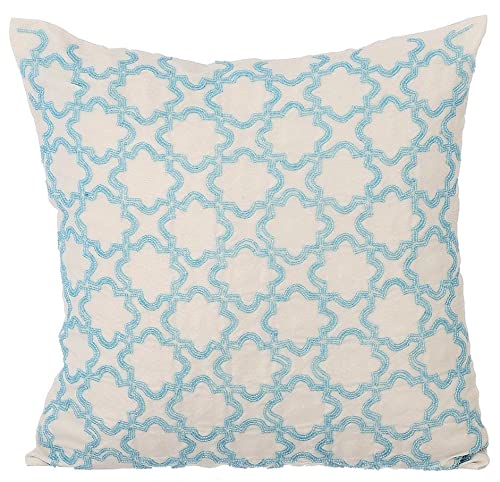 Aqua Blue Silk Pillow Covers 16x16 Inch (40x40 cm) - Zippered Geometric Lattice Trellis Design with Beaded Accents for Sofa, Bed & Home Decor - Modern Mykonos Style Cooling Pillowcases