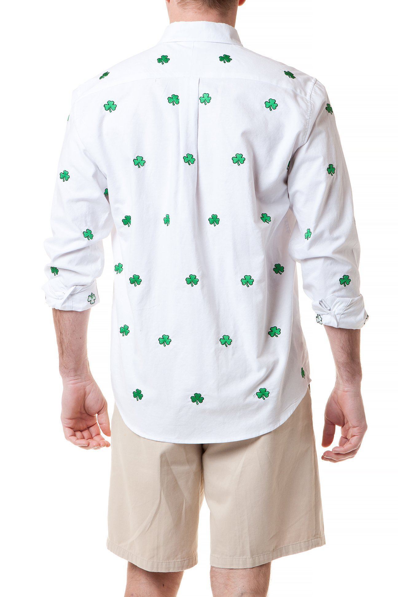 Men's White Oxford Shirt with Shamrock Print - Classic Straight Wharf Style for Casual & Business Wear