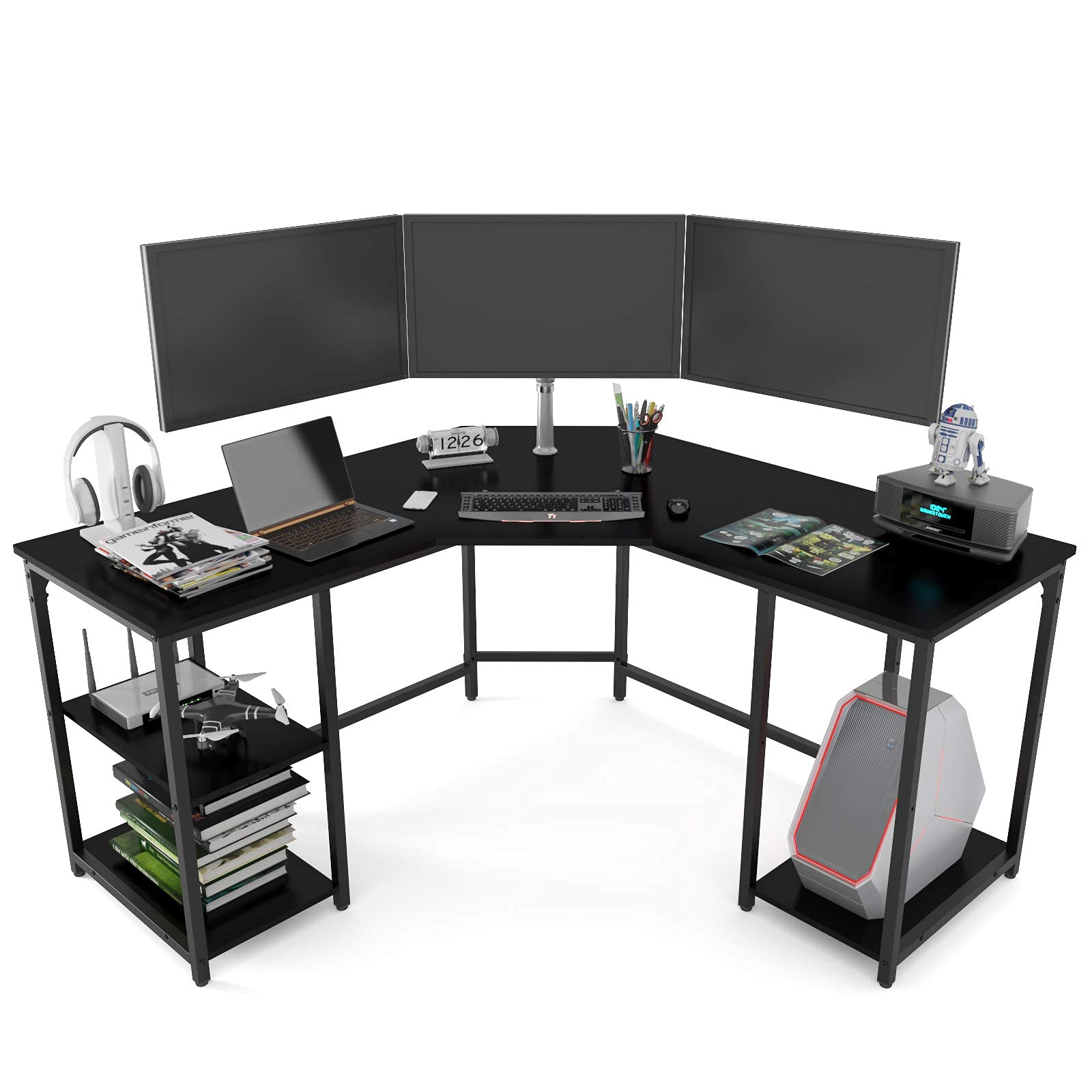 Elephance Large L-Shaped Computer Desk with Shelves | Corner Home Office Desk | Gaming & Writing Workstation with Storage | Perfect for Small Spaces & Multi-Tasking