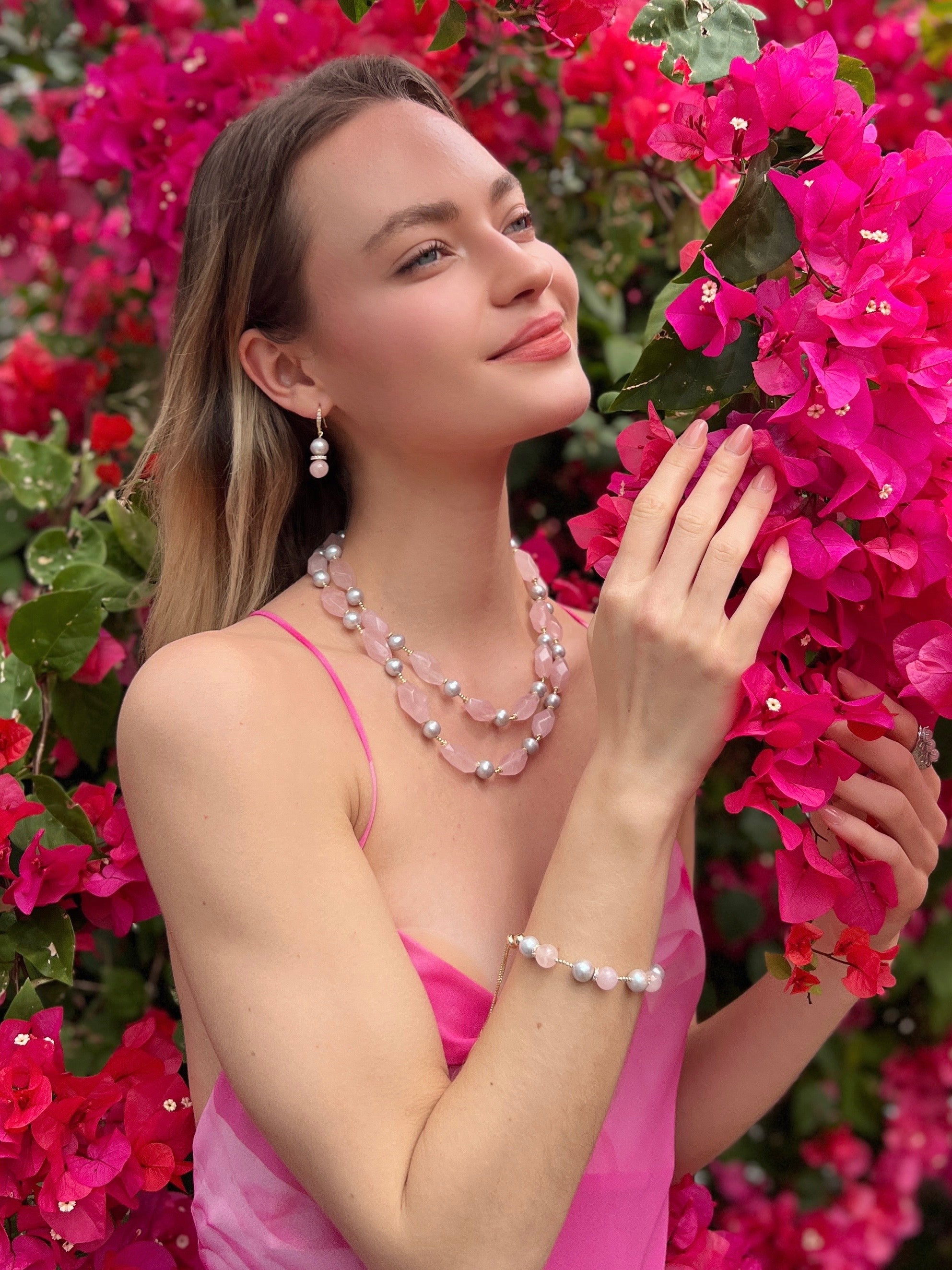 Pink Rose Quartz & Gray Freshwater Pearl Double Layer Necklace - Elegant Jewelry for Women, Gift for Her, Valentine's Day, Anniversary & Special Occasions