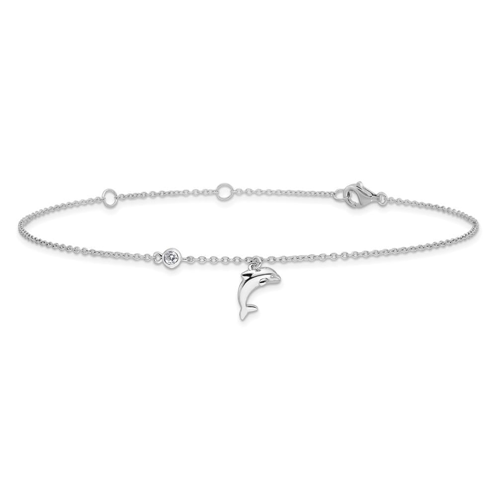 925 Sterling Silver Cubic Zirconia Dolphin Anklet Chain - Elegant Fine Jewelry for Women, Perfect Gift for Her - Adjustable 9