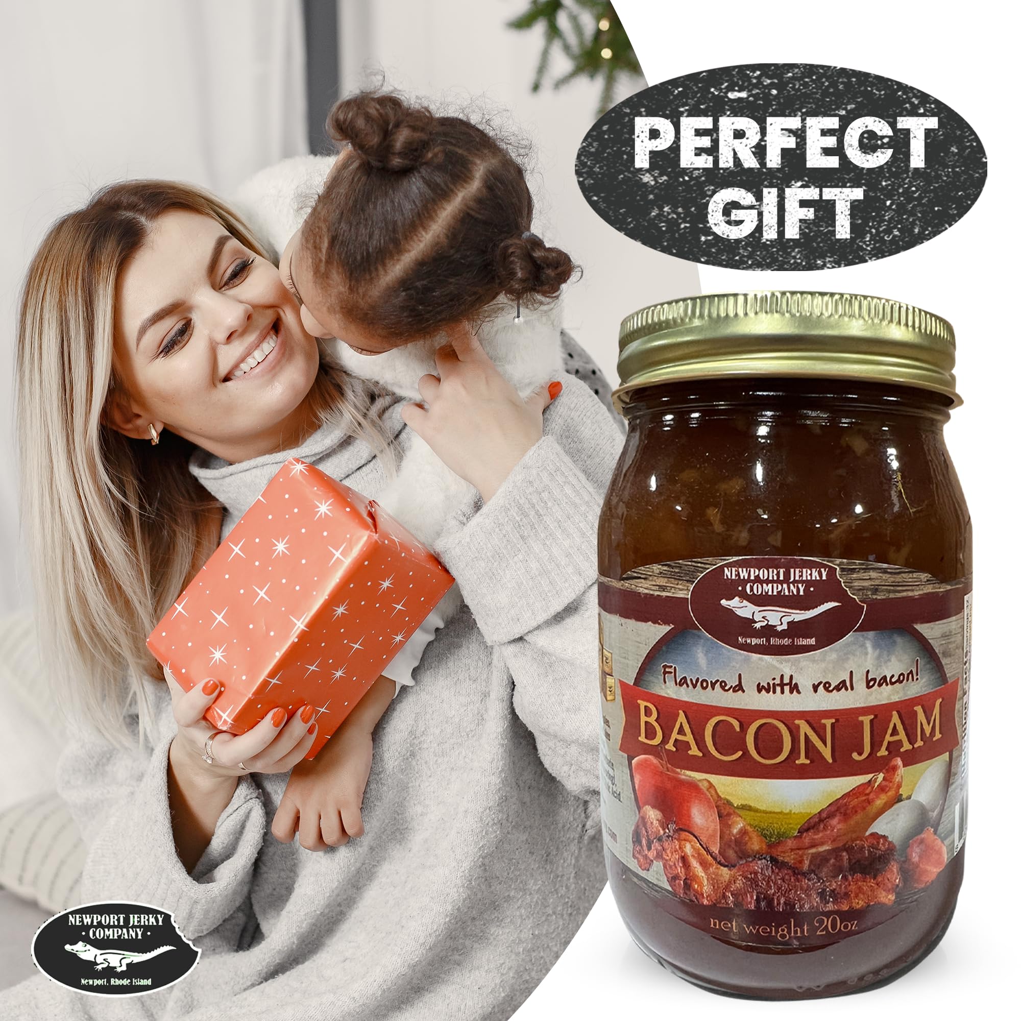 Newport Jerky Company Bacon Jam - Real Bacon Flavor | Gourmet Small Batch Spread for Burgers, Sandwiches & Toast | USA-Made 20oz Reusable Glass Jar | Perfect for BBQs, Charcuterie Boards & Breakfast