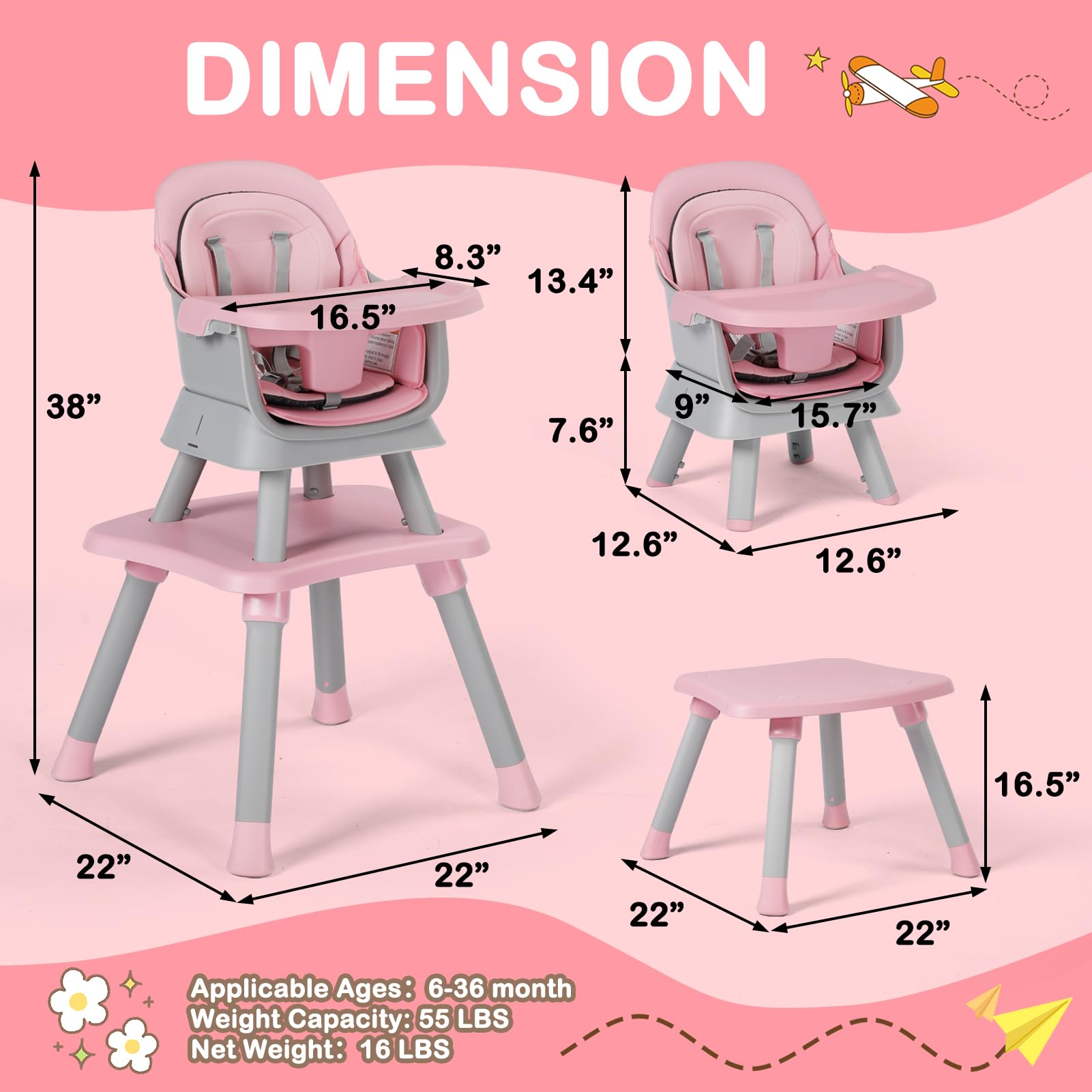 8-in-1 Convertible Baby High Chair with Removable Tray - Adjustable Toddler Dining Booster Seat & Kids Building Block Activity Table - Safe Feeding Chair for Boys & Girls (Pink) - Perfect for Mealtime, Playtime & Learning Activities