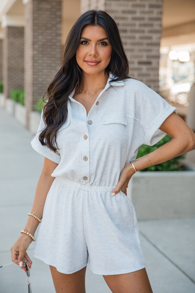 Plain As Day Grey Button Up Collared Romper for Women - Casual Summer Jumpsuit with Pockets | Perfect for Beach Outings, Brunch Dates & Weekend Getaways