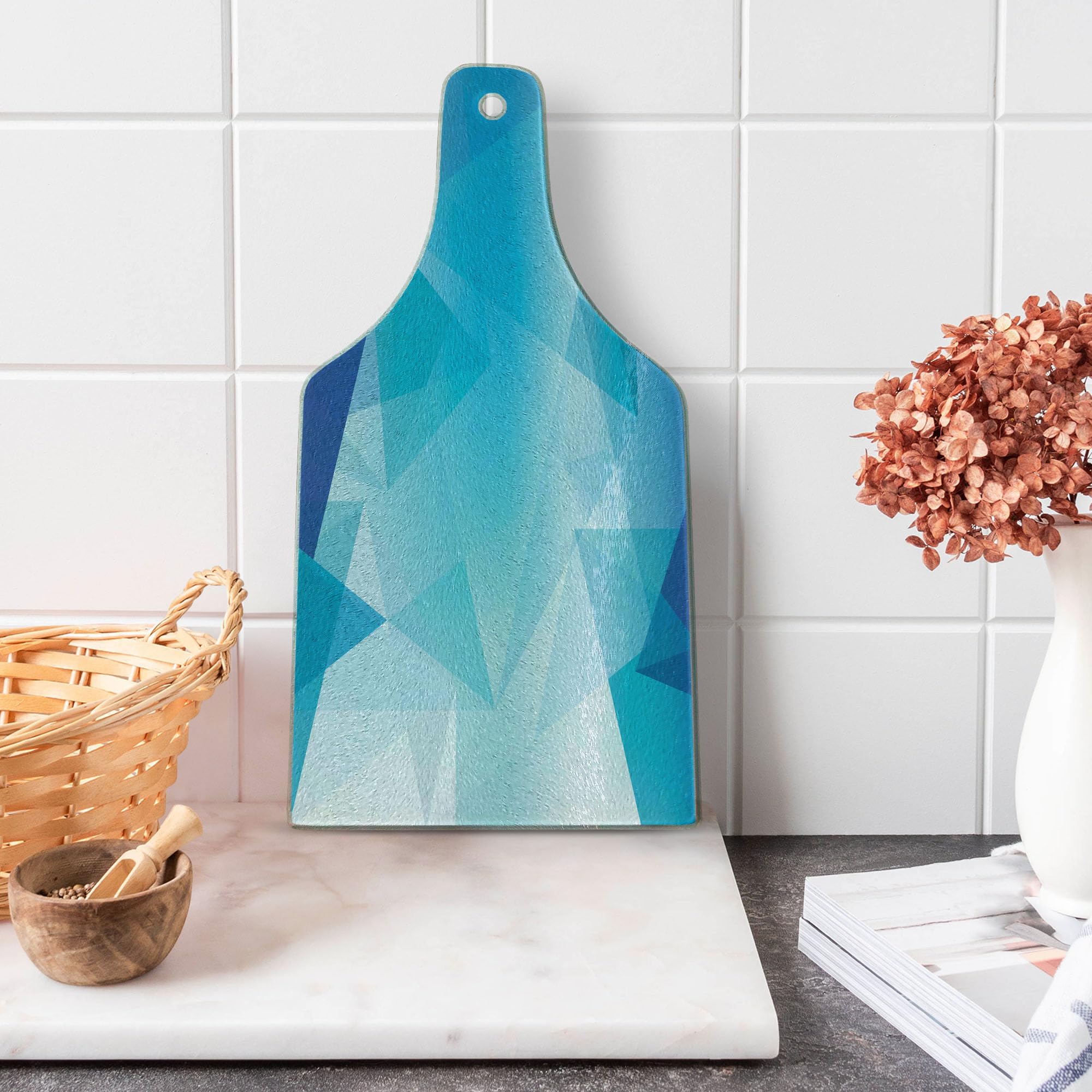 Lunarable Abstract Cutting Board - Modern Geometric Design Tempered Glass Serving Board for Kitchen & Entertaining - Wine Bottle Shape in Blue, White & Pale Blue - Perfect for Cheese Platters, Charcuterie & Wine Pairings