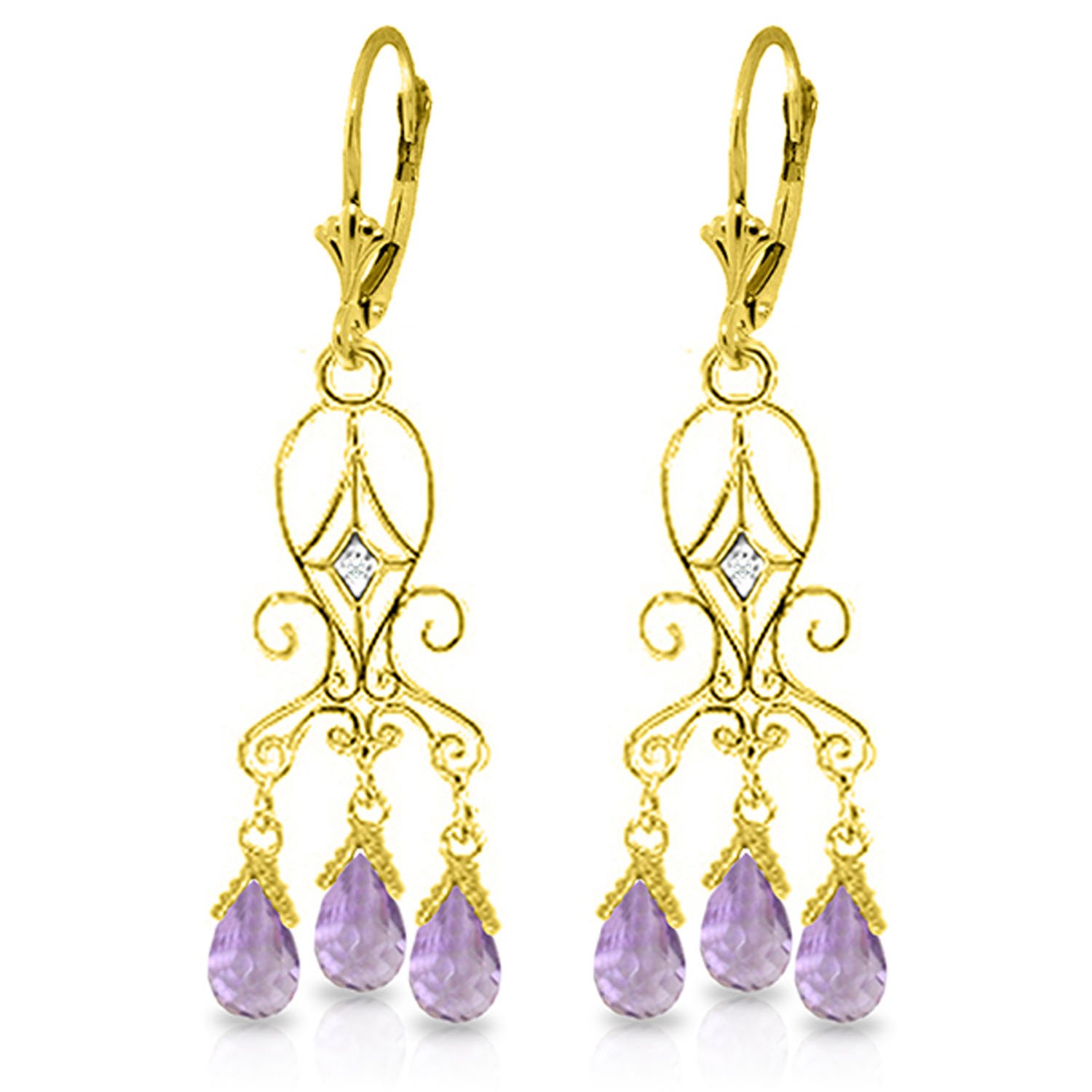 14K Yellow Gold Chandelier Earrings with Diamonds & Amethysts | Elegant Dangle Earrings for Women | Perfect for Weddings, Parties & Special Occasions