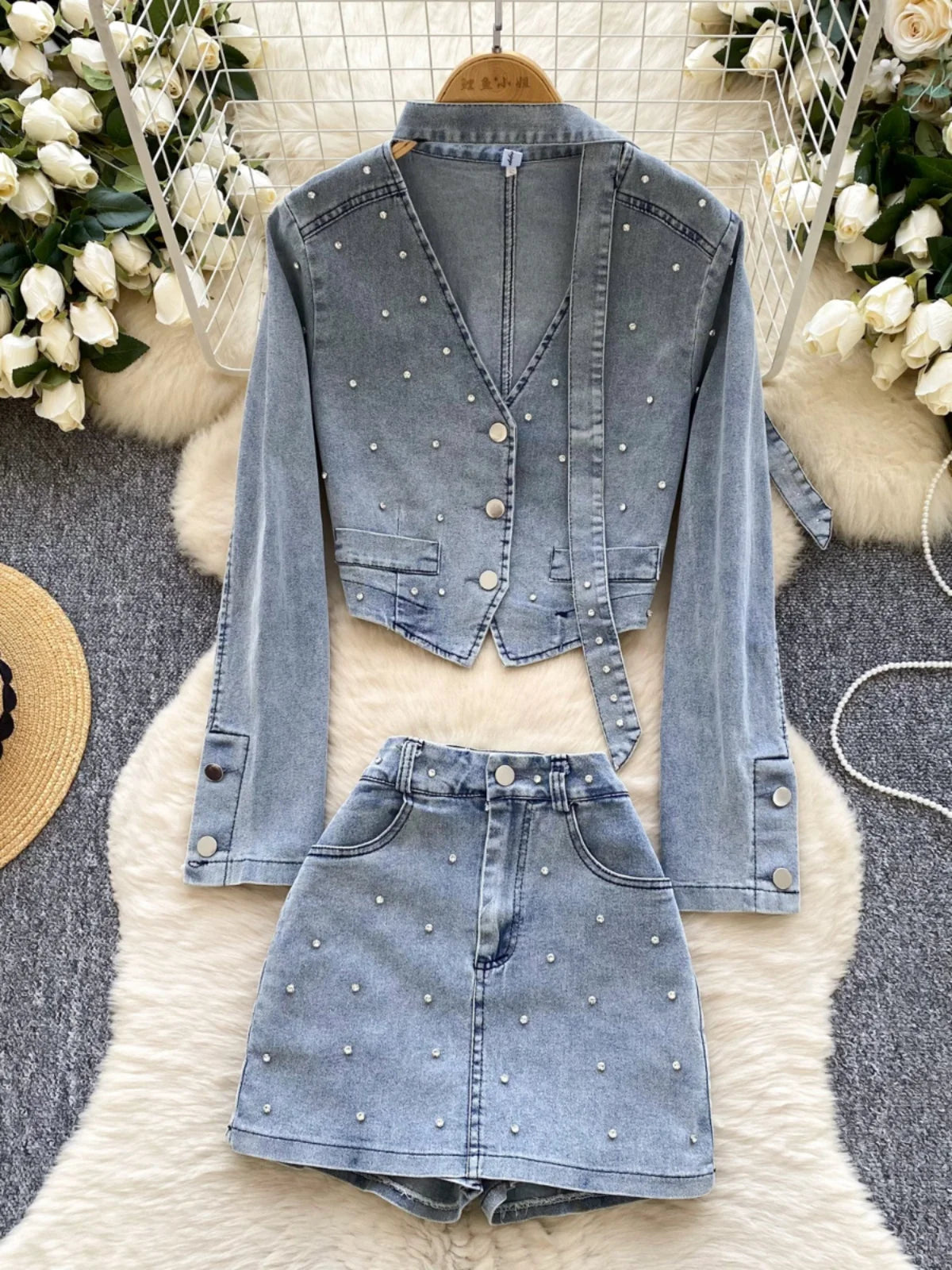 Retro Denim Two-Piece Set for Women - Blue V-Neck Top & High Waist Shorts | Elegant Fall Winter Outfit for Casual Wear, Date Night & Street Style