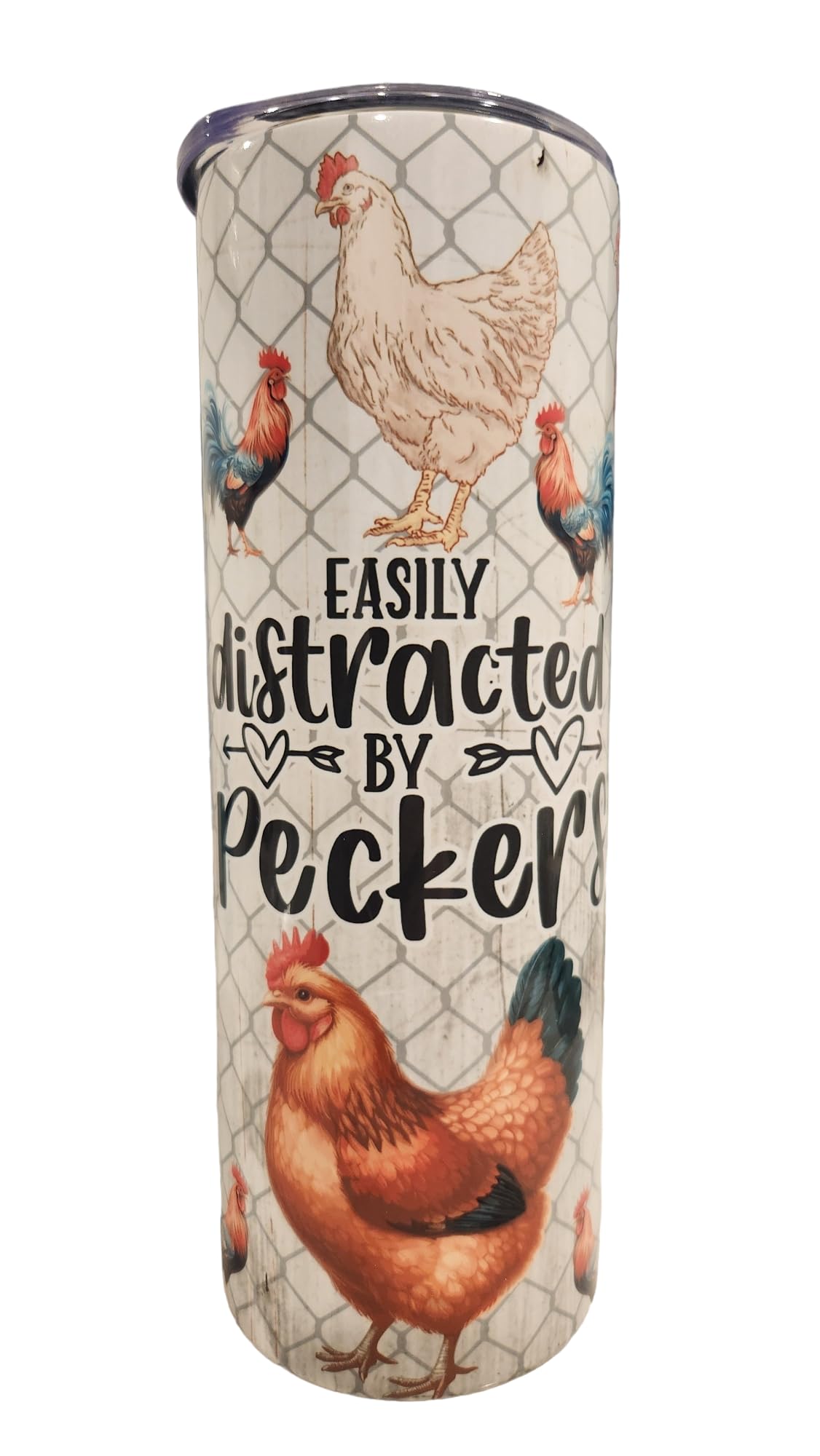 Funny Farm Country Theme Chicken Easily Distracted By Peckers 20oz Stainless Steel Skinny Tumbler - Insulated Travel Mug for Coffee, Tea & Water - Perfect for Office, Commuting & Outdoor Adventures