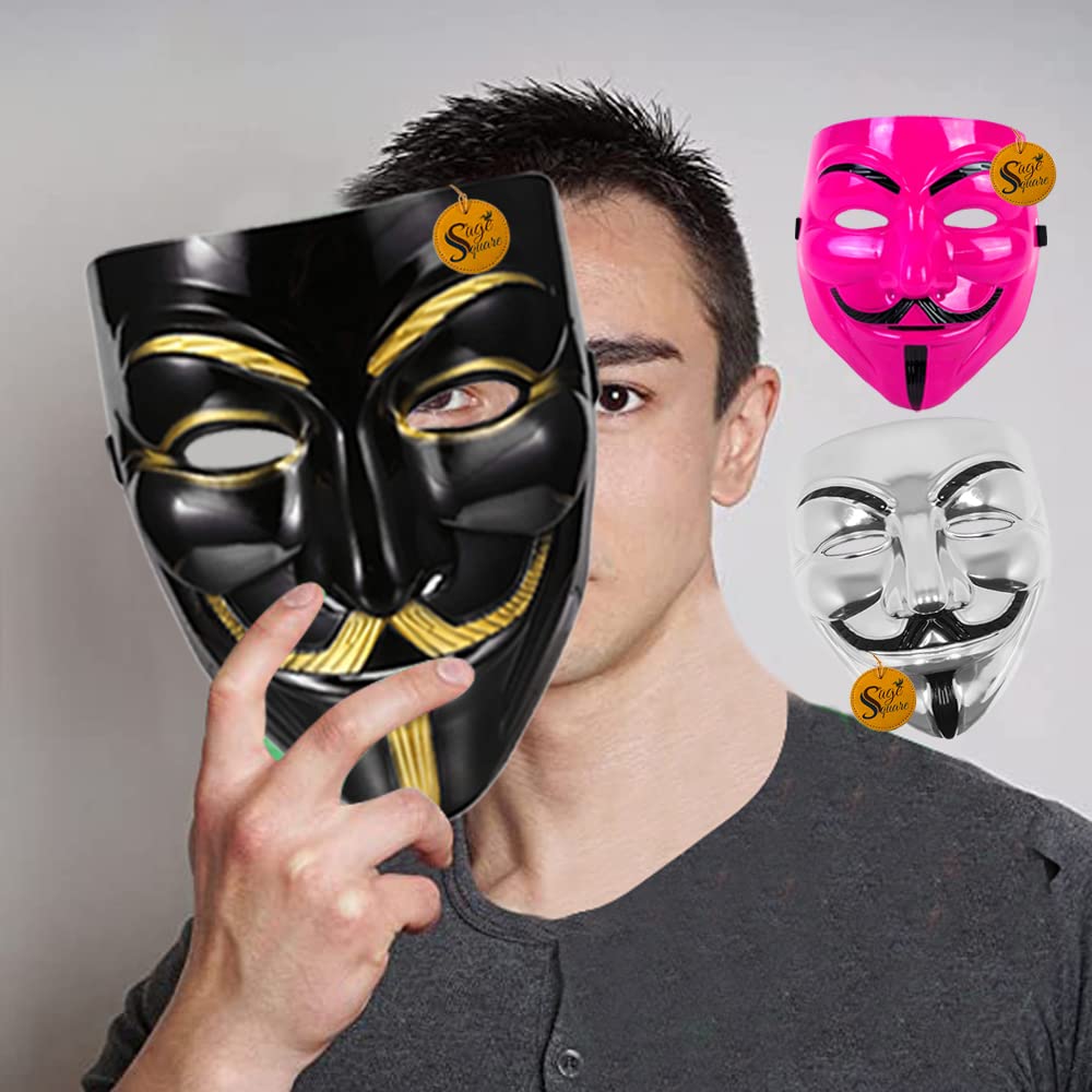 V for Vendetta Face Mask Set of 3 - Sage Square Black, Pink & Silver Anonymous Cosplay Mask | Perfect Fit for Halloween, Protests & Movie Costumes