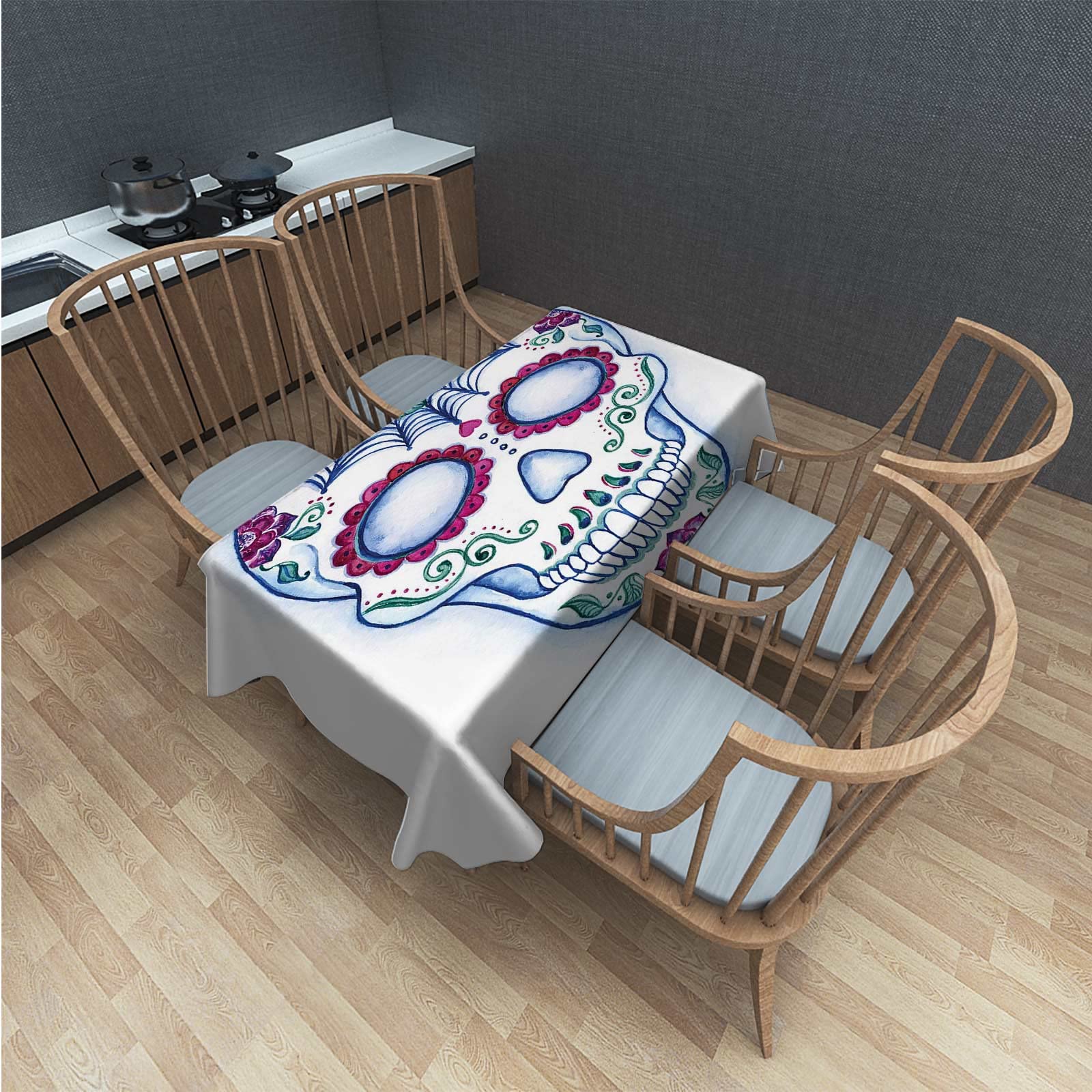 Blue Lavender Waterproof Polyester Sugar Skull Tablecloth - 60x84 Inch Rectangle Dining Table Cover for Halloween, Dia de Los Muertos, and Themed Parties - Perfect for Indoor and Outdoor Decorations