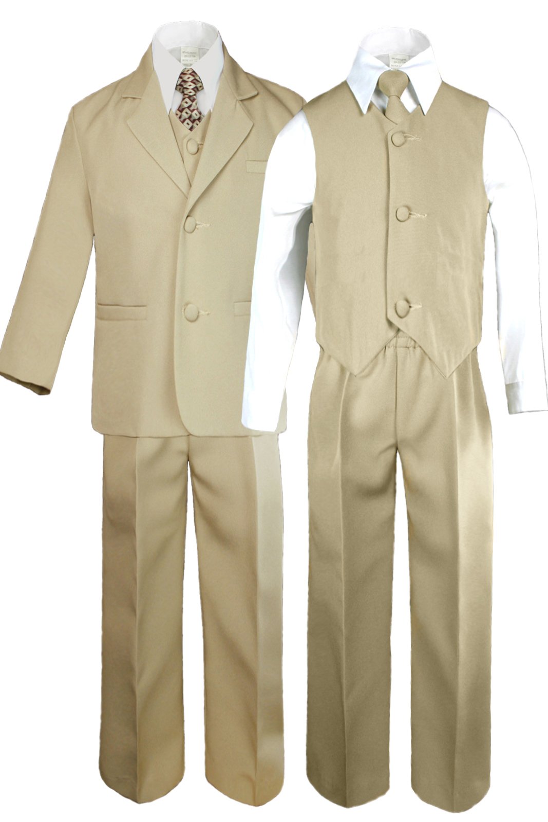 6-Piece Boys' Khaki Vest Set - Formal Tuxedo Suits with Satin Necktie for Baby to Teen | Wedding, Party & Special Occasion Outfit