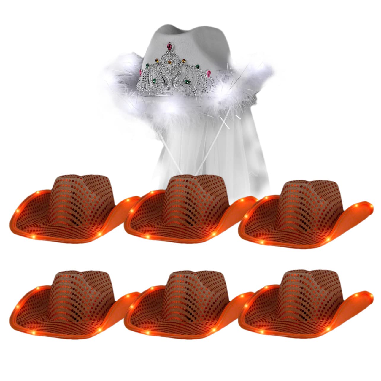 7-Piece Bachelorette Party Cowboy Hat Set - Light Up Orange Sequin & White Tiara Veil Cowgirl Hats for Bridesmaids, Birthday, Girls Night Out, and Western Theme Parties