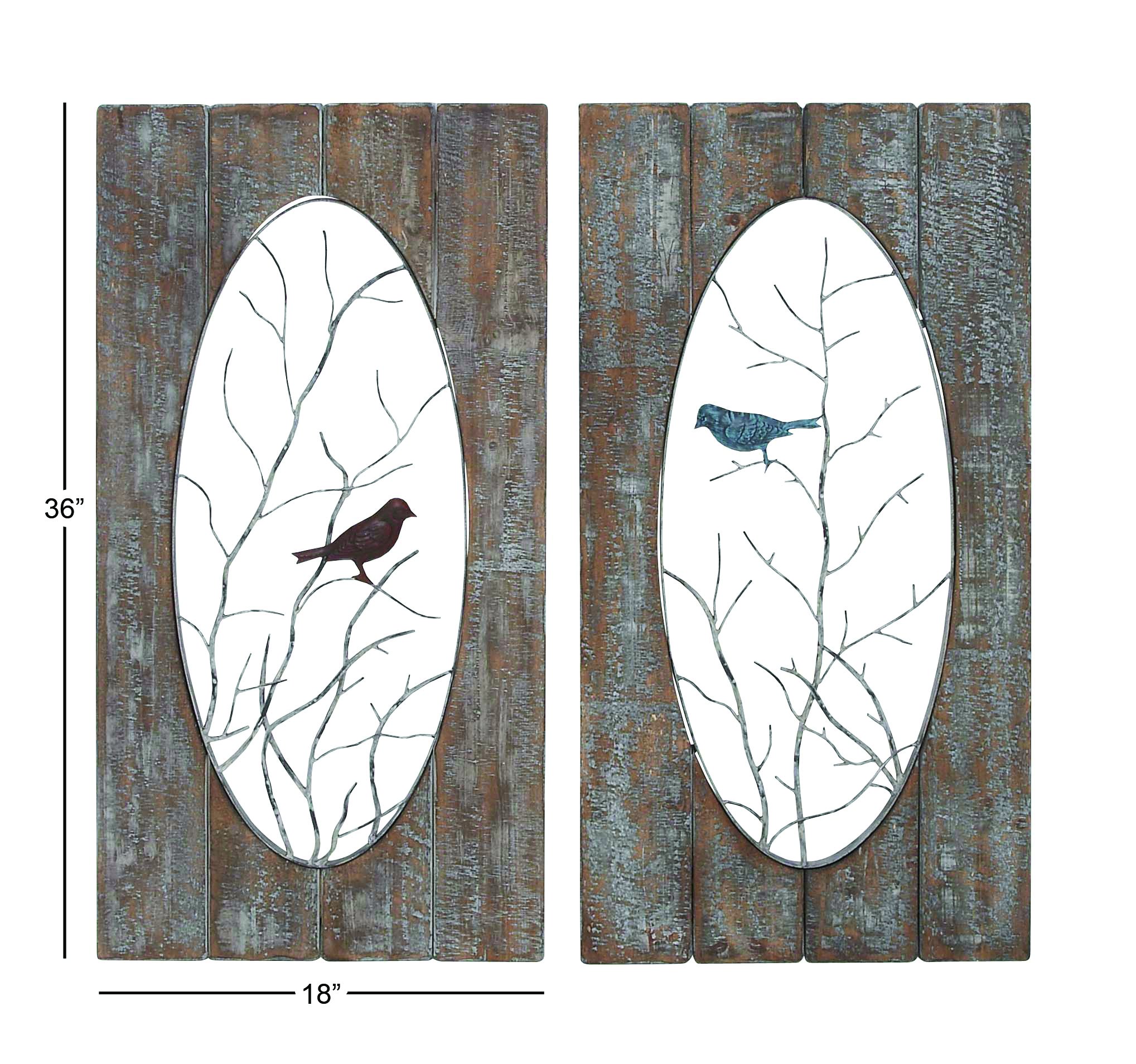 Deco 79 Wooden Bird House Wall Decor - Set of 2 Natural Branch Wall Sculptures 18x1x36 Inches, Rustic Brown Home Art - Perfect for Living Room, Bedroom & Farmhouse Decor
