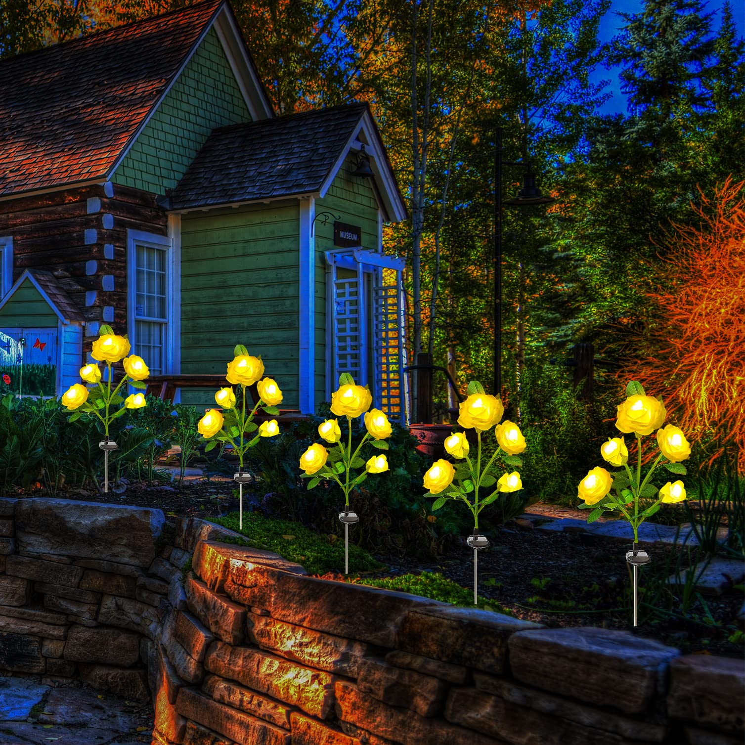 SmilingTown Solar Garden Stake Lights 2 Pack - 10 Rose Flowers Outdoor Solar Pathway Lights, Waterproof Landscape Lighting for Yard, Lawn, Pathway, Courtyard, Cemetery (Yellow) | Perfect for Evening Garden Decor & Memorial Tributes