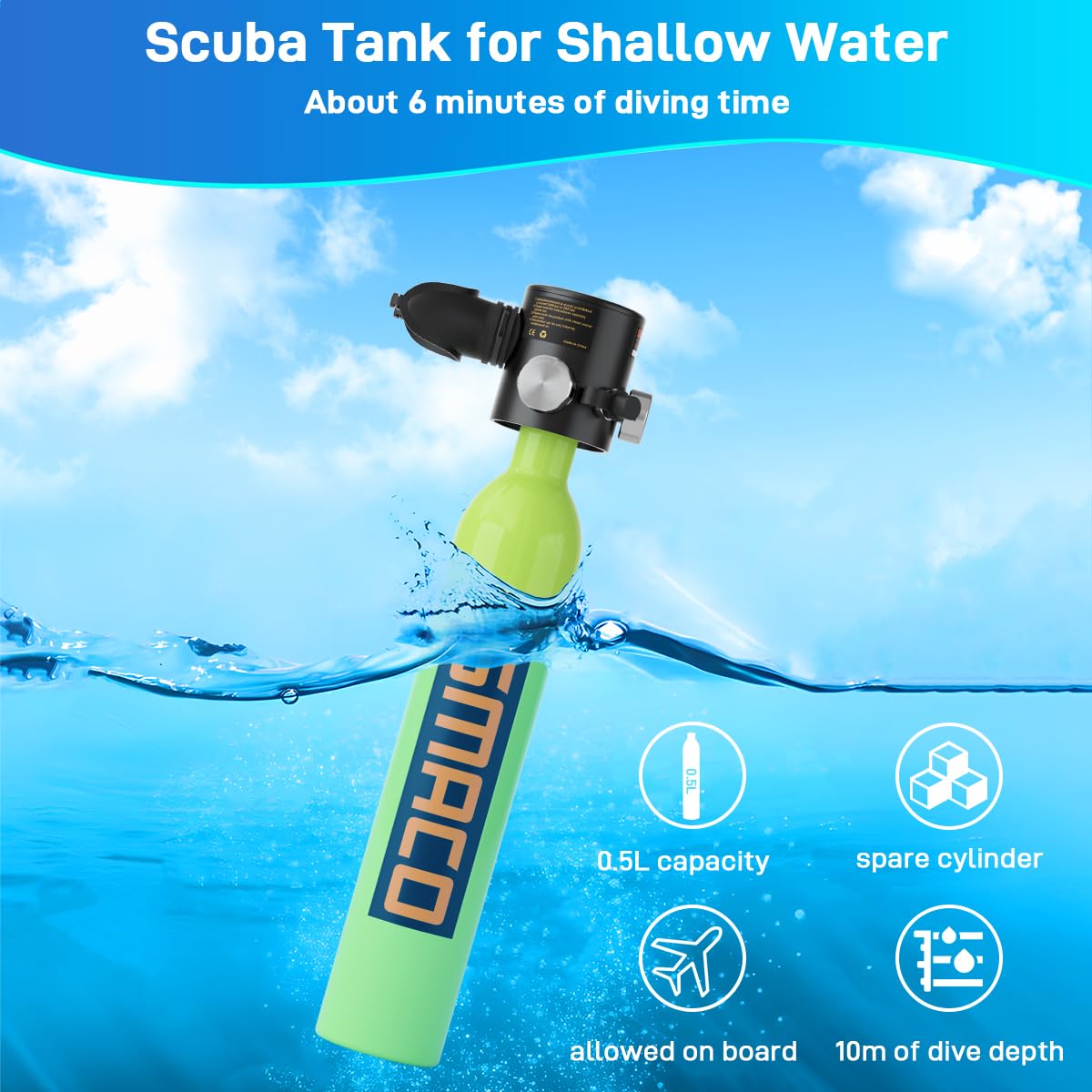 SMACO 0.5L Mini Scuba Tank - Portable Diving Oxygen Cylinder for Snorkeling & Free Diving (Up to 33ft) | Emergency Backup Air Supply for Scuba Divers (Up to 100ft) | Compact Pony Bottle for Underwater Adventures, Pool Training & Emergency Preparedness