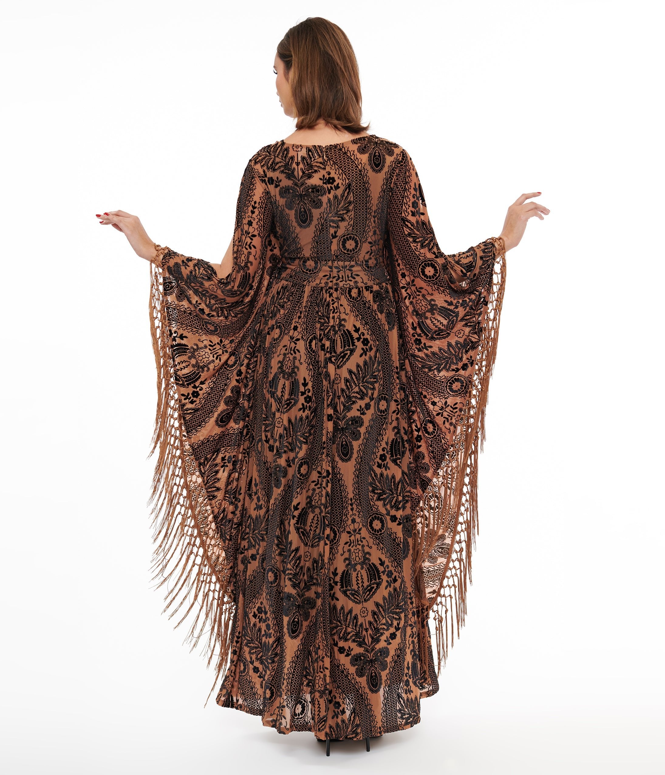 Vintage 1960s Black & Nude Floral Fringe Flutter Sleeve Caftan Dress - Retro Boho Maxi Dress for Beach Wedding, Pool Party & Summer Vacation