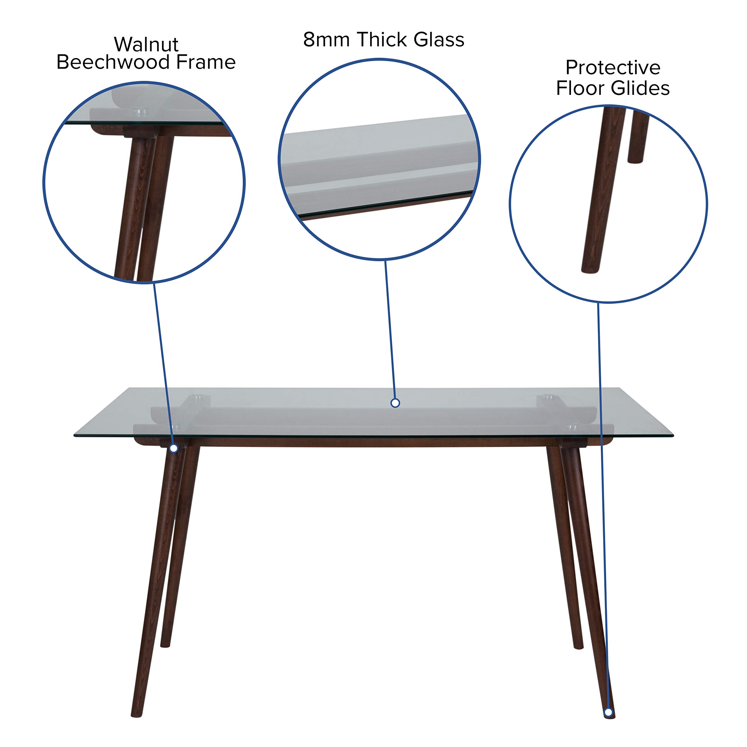 Merrick Lane Satillo Walnut Wood Dining Table with Clear Glass Top - 55