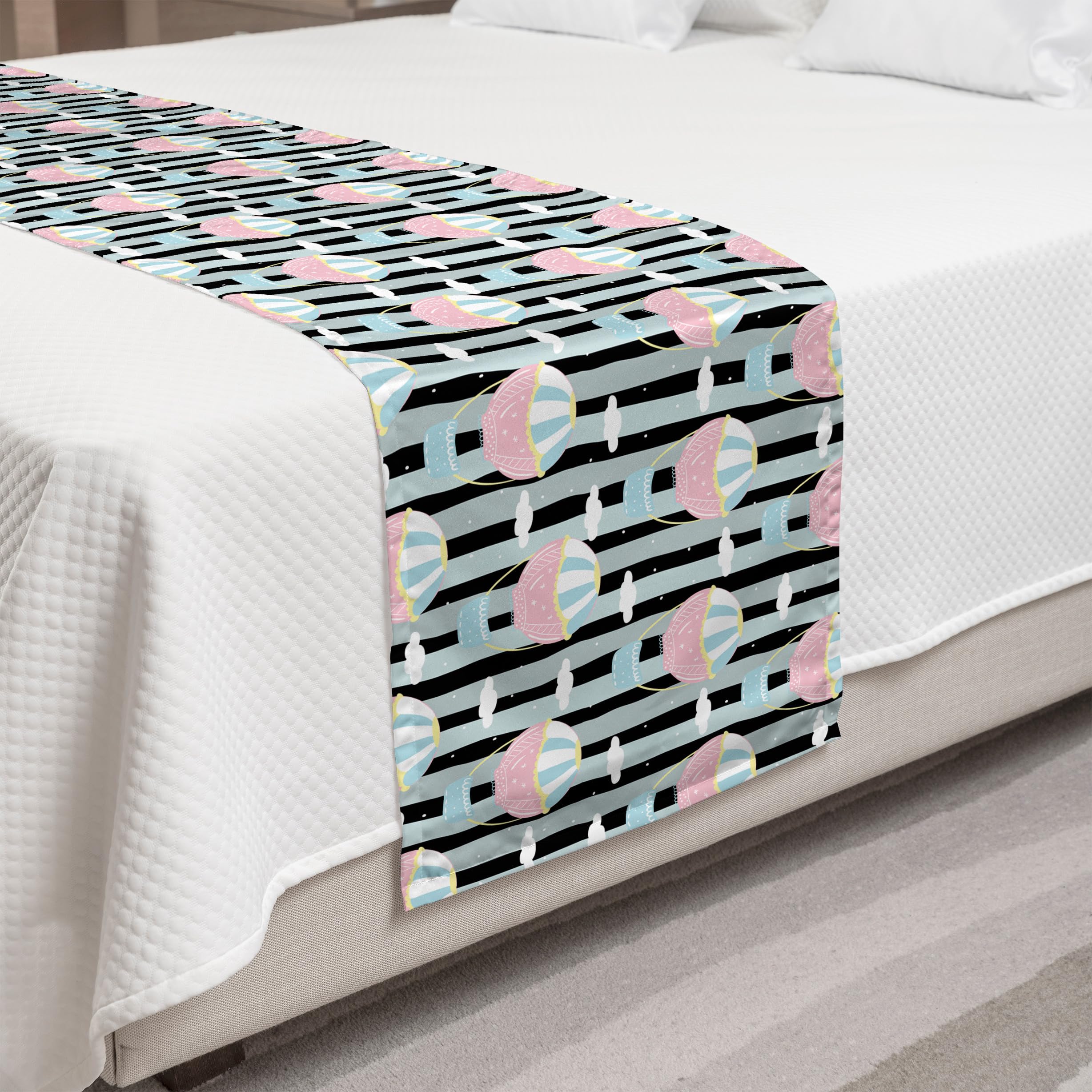 Ambesonne Air Balloon Bed Runner - Travel Adventure Clouds Doodle Striped Design King Size Decorative Bed Scarf | Perfect for Hotels, Homes & Guest Rooms | Multicolor Home Decor Accent