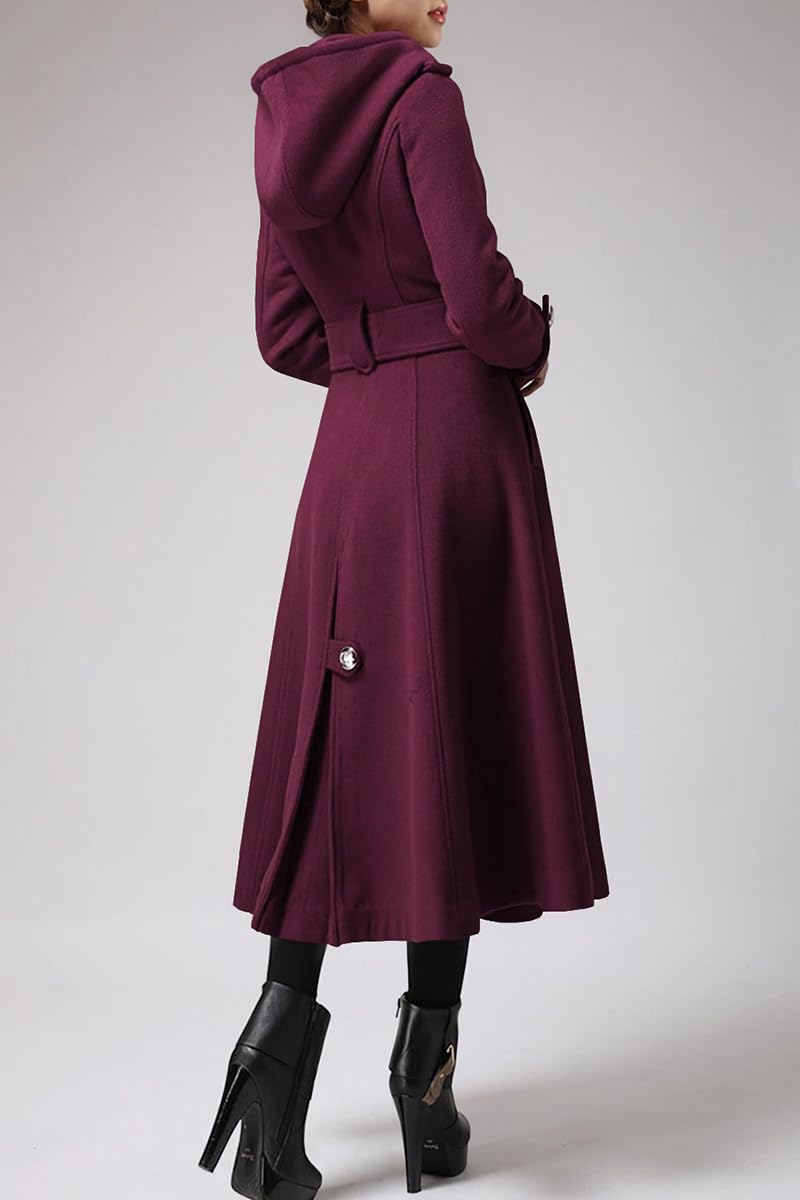 Cicy Bell Women's Long Double-Breasted Hooded Winter Wool Trench Coat with Belt - Warm Elegant Outerwear for Cold Weather & Office Commute