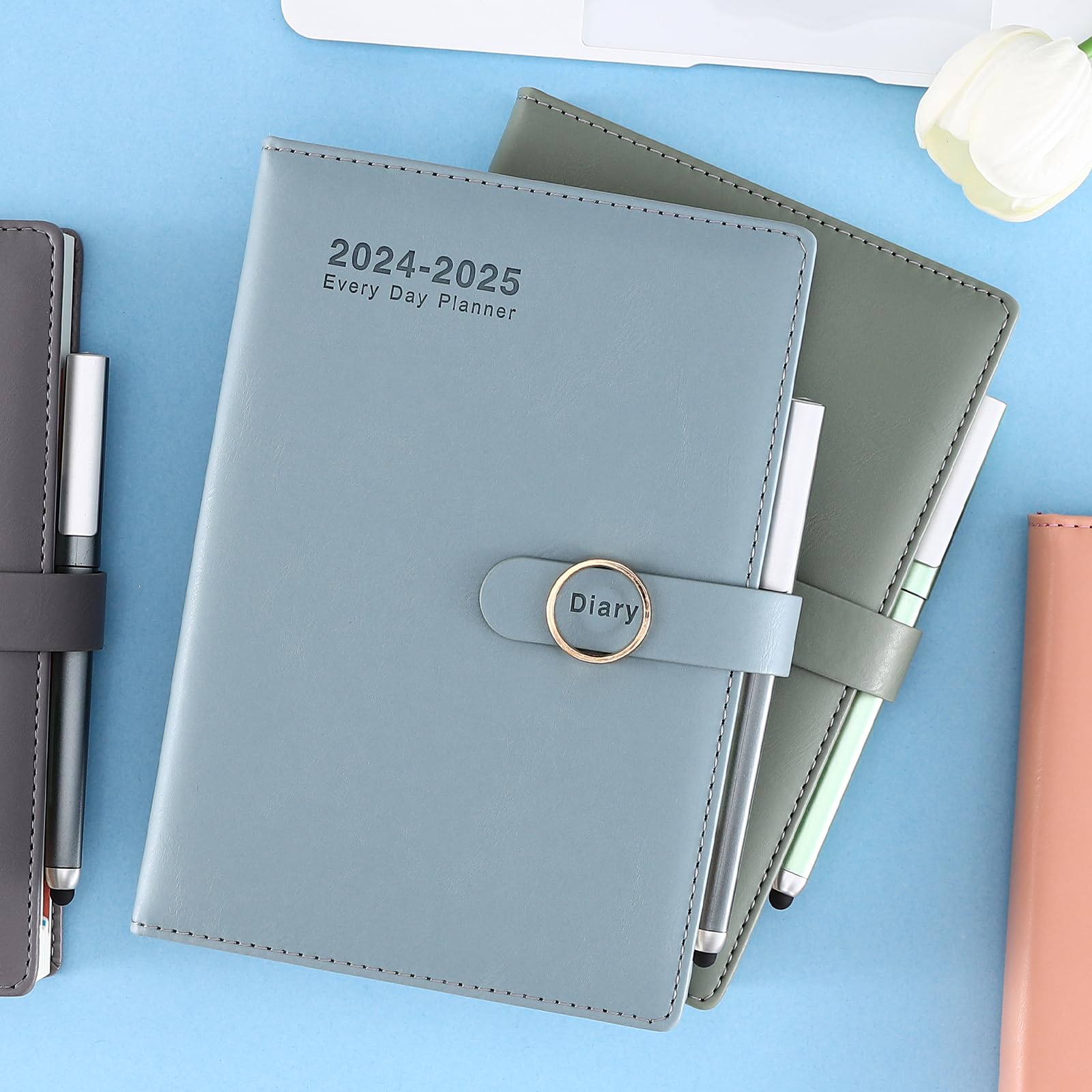 2024-2025 Daily Planner with Hourly Schedule - July 2024 to June 2025 Academic Year Diary, Colorful Monthly Tabs, Includes Pen, Stickers & Bookmarks - Sky Blue | Perfect for Students, Professionals & Productivity Tracking