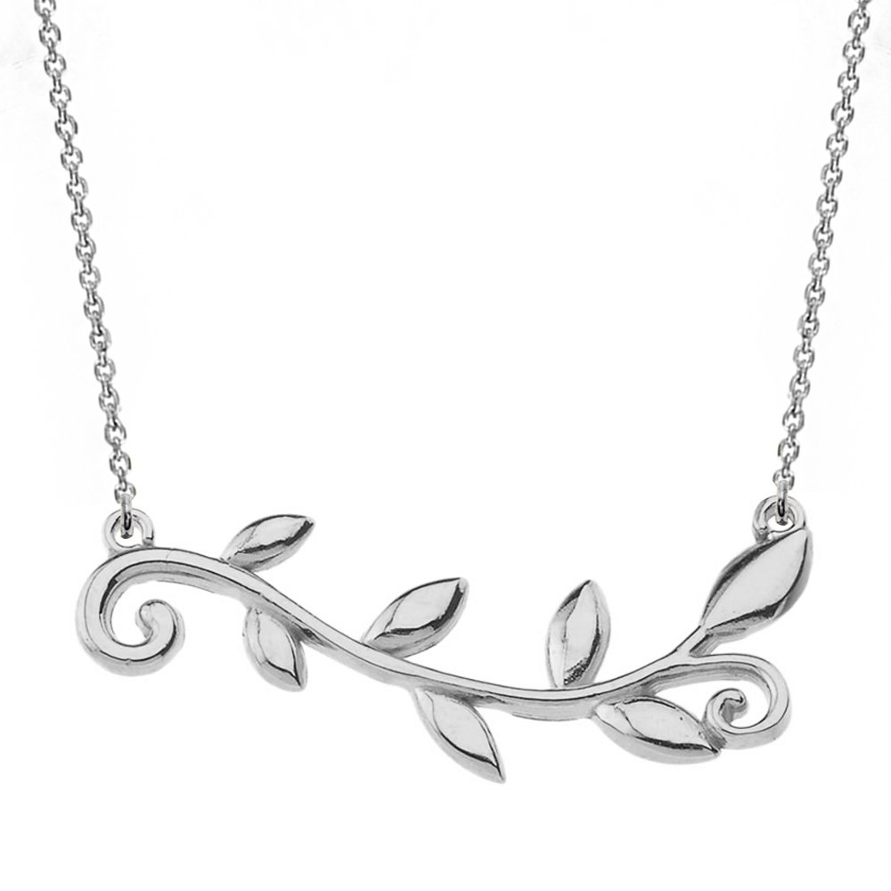 14K White Gold Olive Branch Necklace for Women - Elegant High Polish Horizontal Pendant, Perfect for Weddings, Anniversaries & Everyday Wear