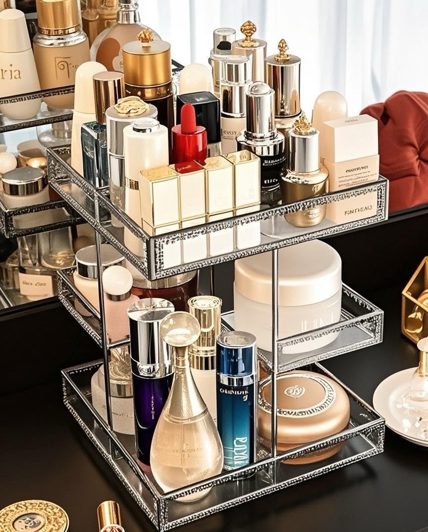 Hersoo 360 Degree Rotating Makeup Organizer - Premium Spinning Cosmetic Storage with Large Capacity, Antique Vanity Countertop Display for Bathroom, Bedroom & Dressing Table (Silver) | Perfect for Organizing Lipsticks, Brushes & Skincare Products