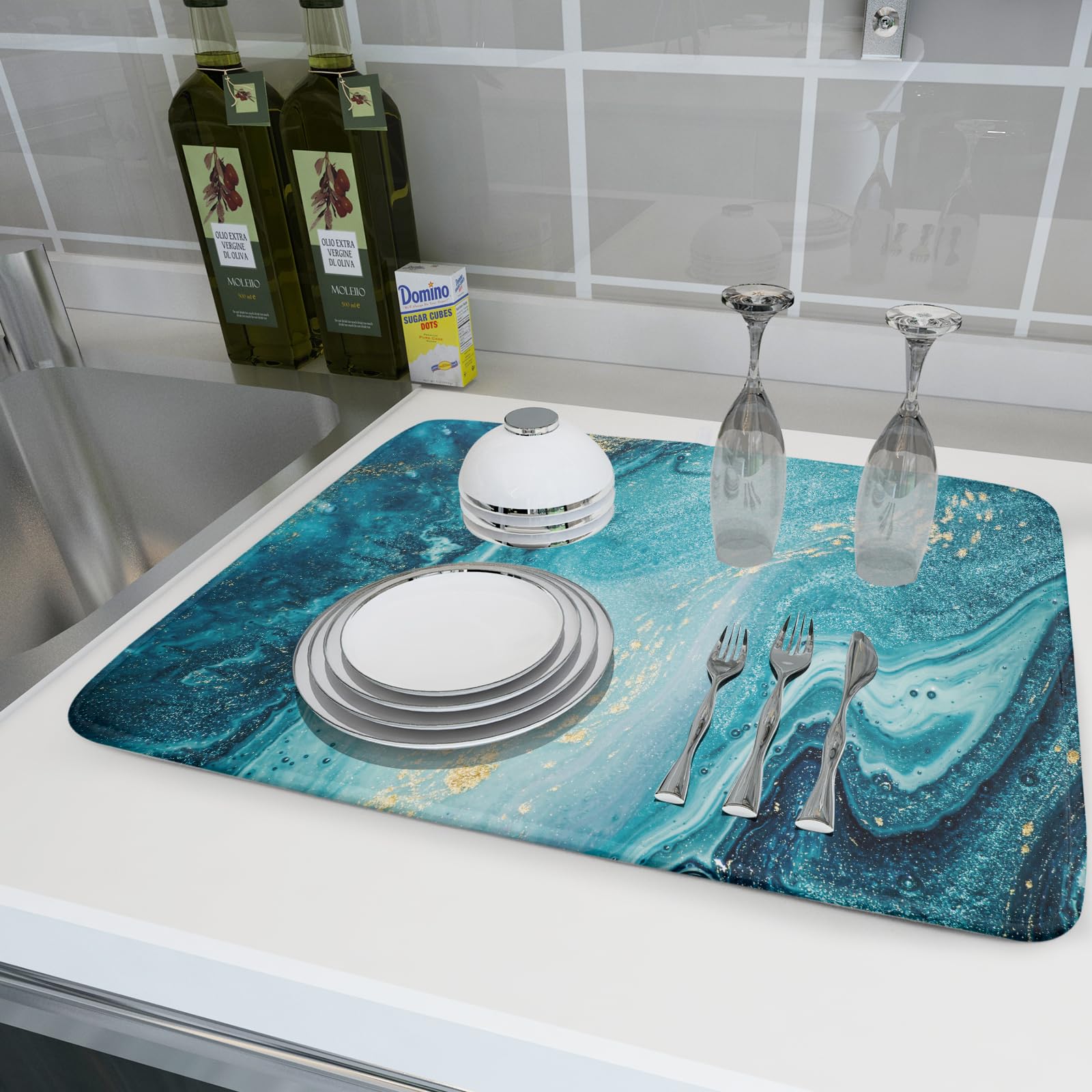 Blue Marble Dish Drying Mat for Kitchen Counter - 18