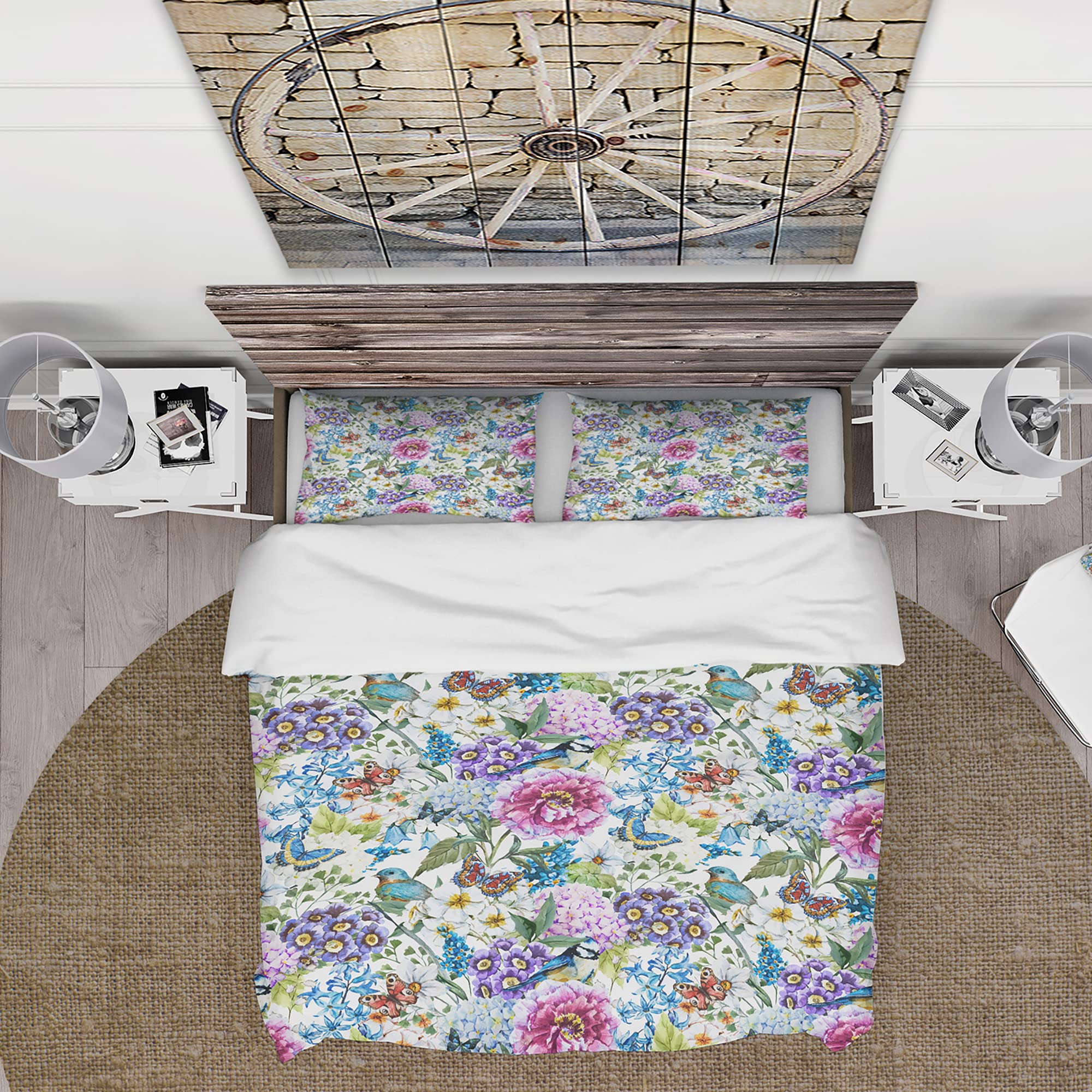 DesignQ Blue Bird & Purple Floral Duvet Cover Set - Queen Size Bedding with Matching Pillowcases, Soft & Breathable Cotton for Cozy Bedroom Decor