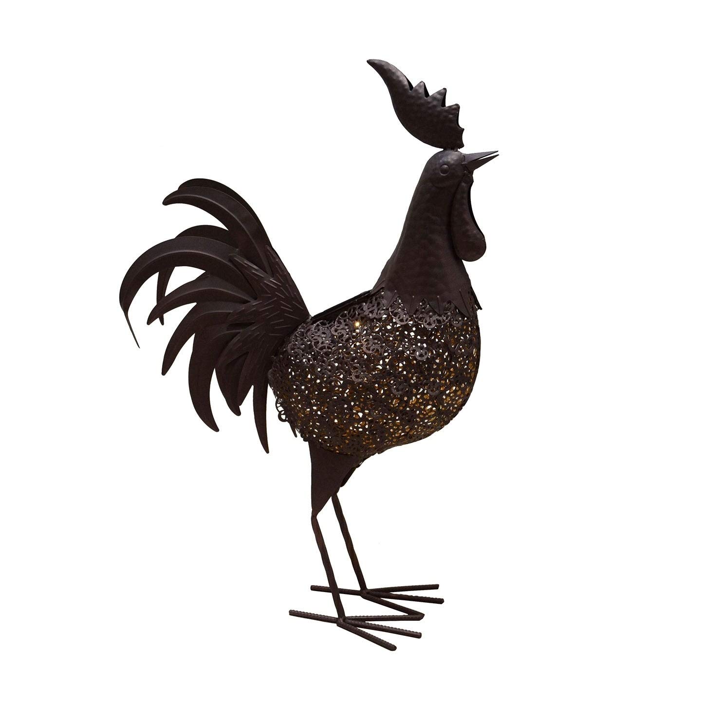 24 Inch Steel Rooster Statue with Solar Light - Indoor/Outdoor Decorative Garden Rooster Sculpture - Energy Efficient Brown Bulbs Included - Perfect for Patio, Yard, and Farmhouse Decor