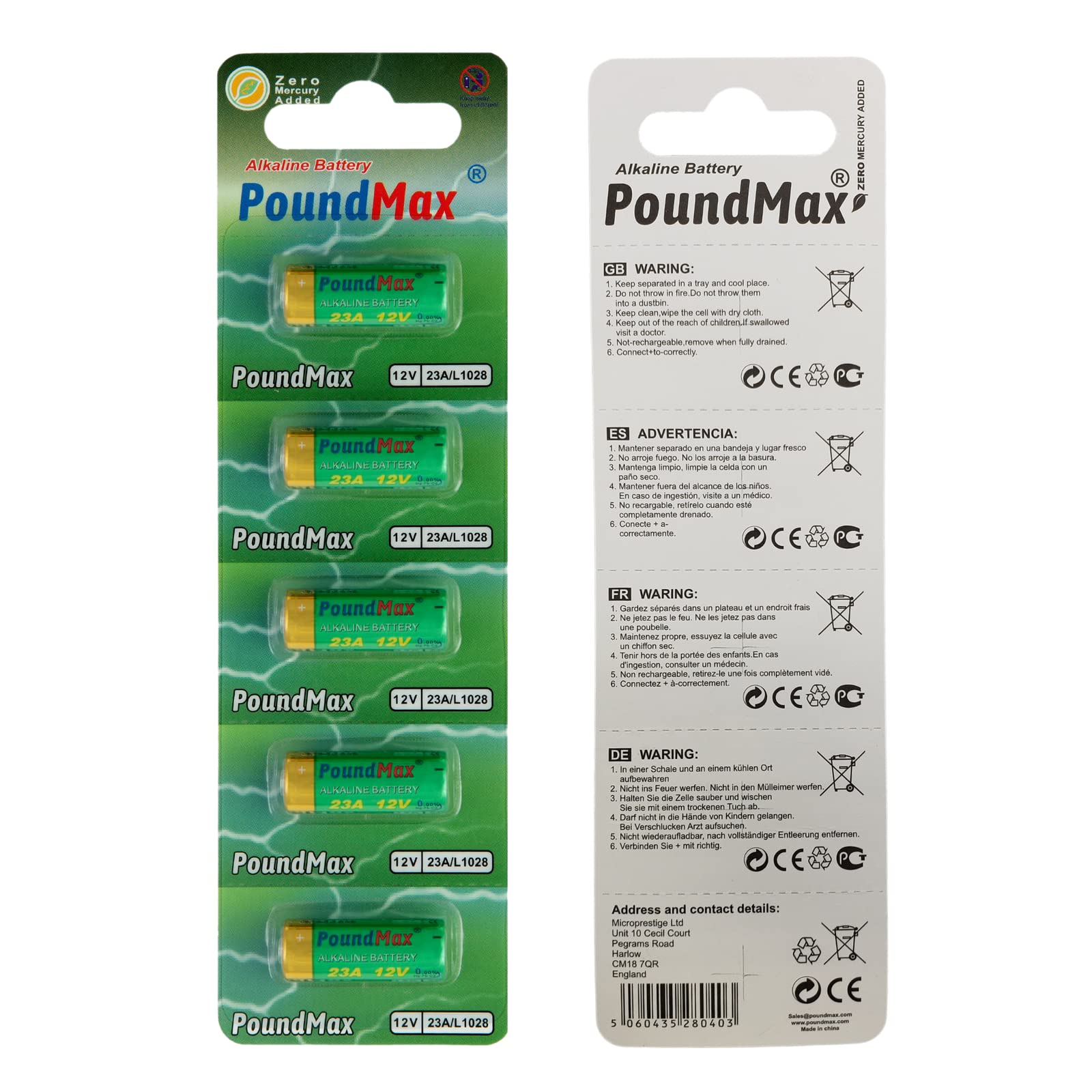 23A / L1028 12V Alkaline Batteries 5-Pack - Long Lasting Power for Smoke Detectors, Calculators & Remote Controls