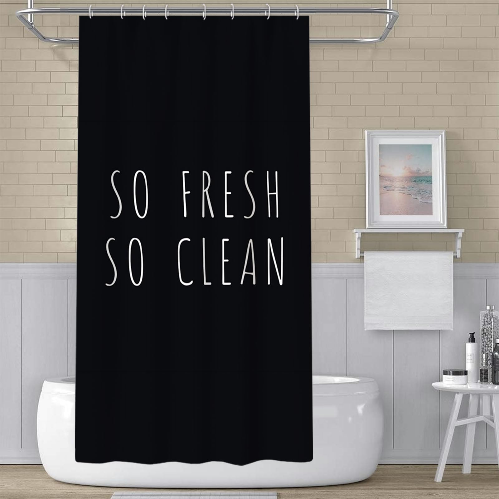 Yeele Black Funny Modern Shower Curtain - 'SO Fresh SO Clean' Letter Print Waterproof Polyester Fabric Bathroom Decor (48x72 inches with 12 Hooks) | Perfect for Small Bathrooms, Apartments & Dorm Decor
